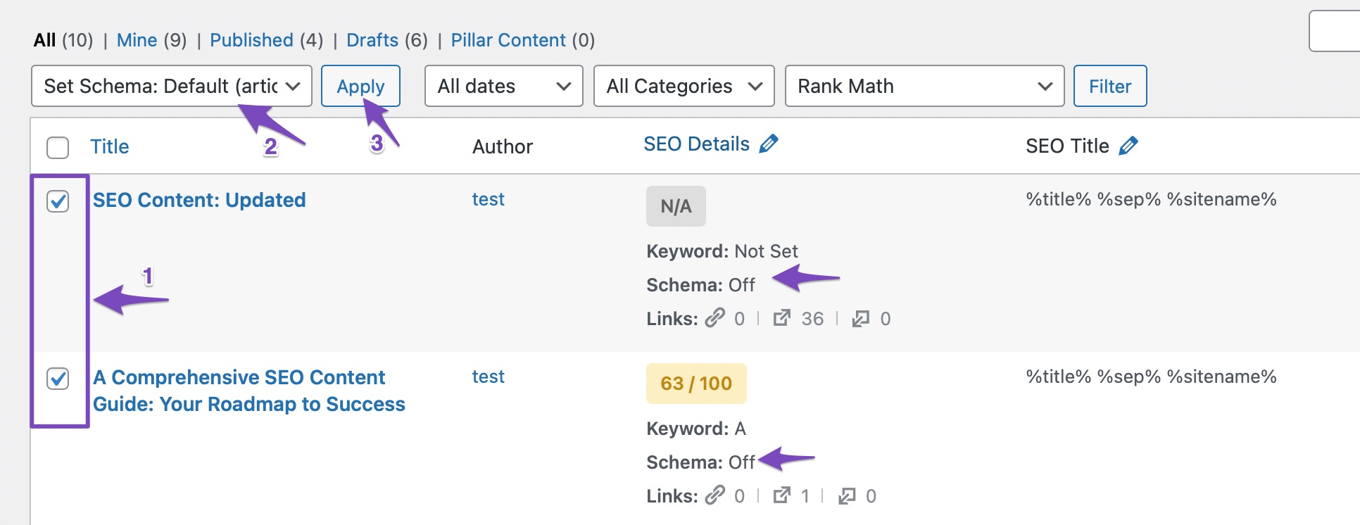 set default Schema using bulk actions.