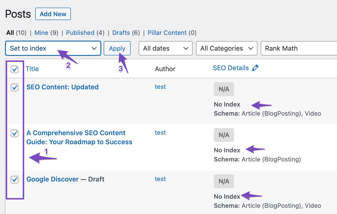 Set to index with bulk actions