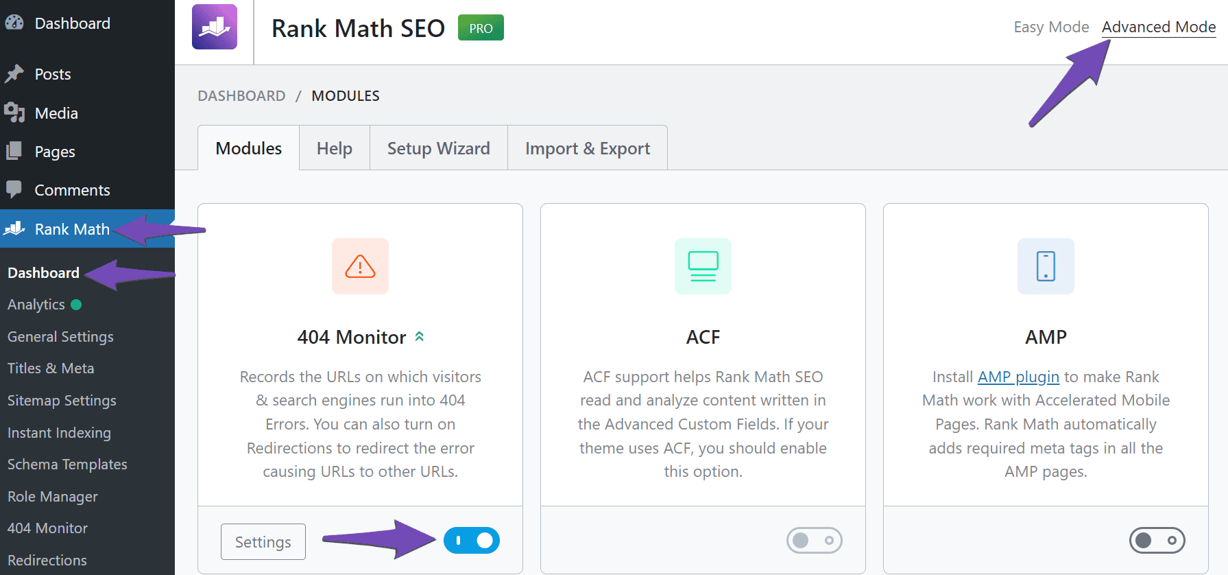 Enable Rank Math 404 Monitor module