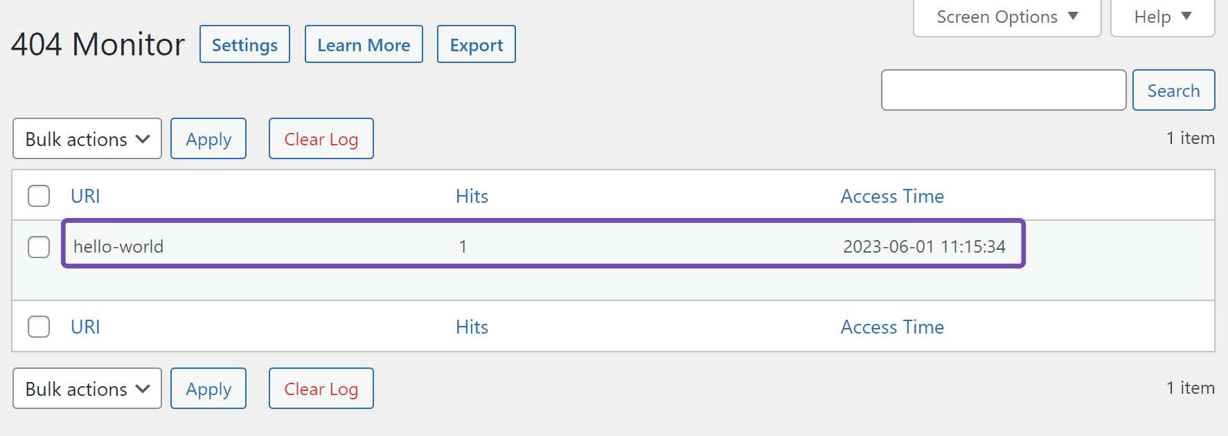 Example of an error in the 404 Monitor