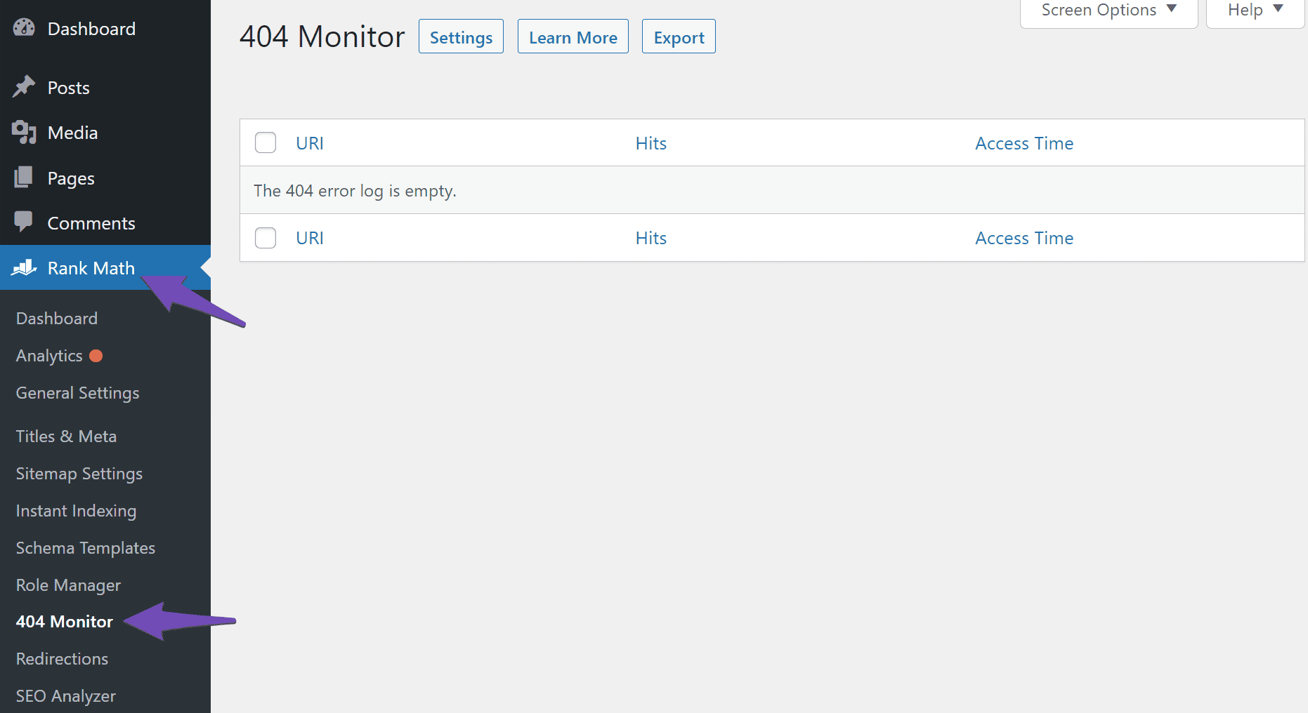 Navigate to Rank Math 404 Monitor