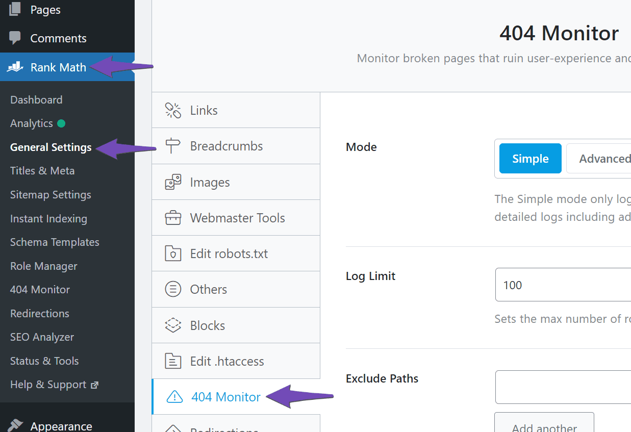 Rank Math 404 Monitor settings