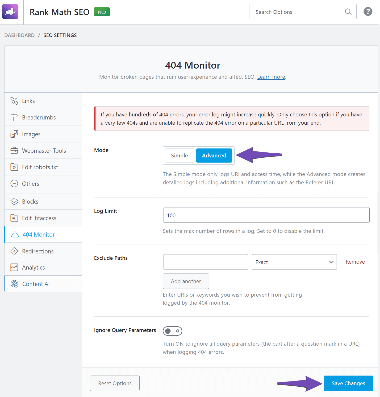 Rank Math Advanced 404 Monitor settings