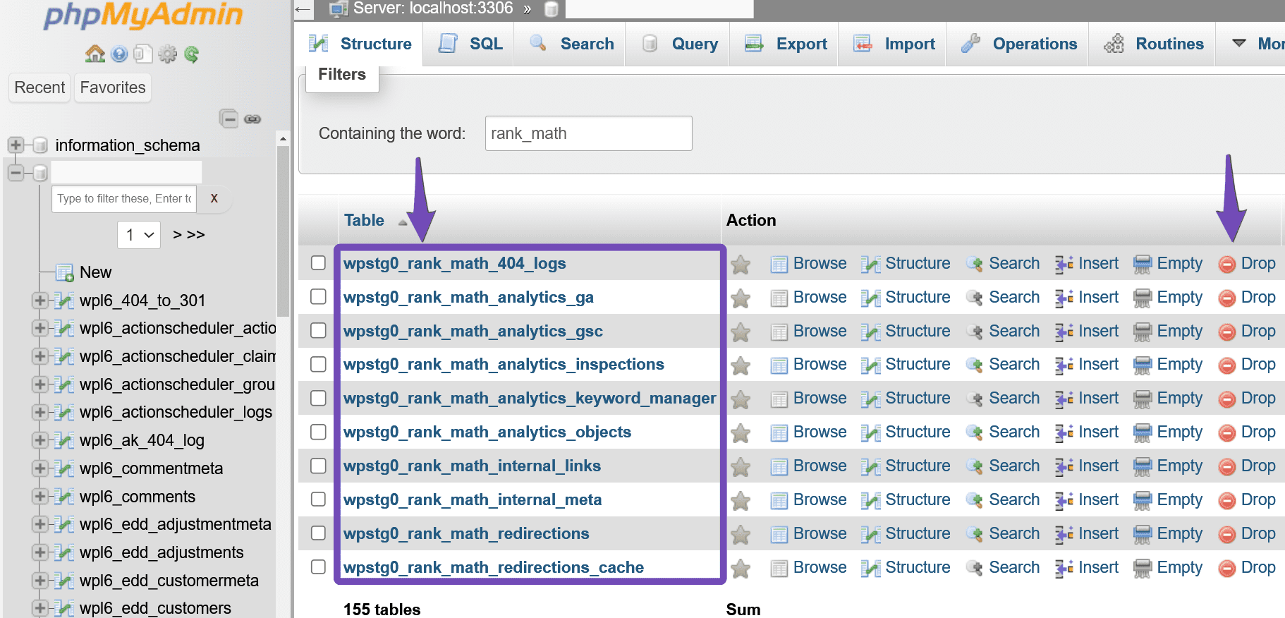 Rank Math tables in the database