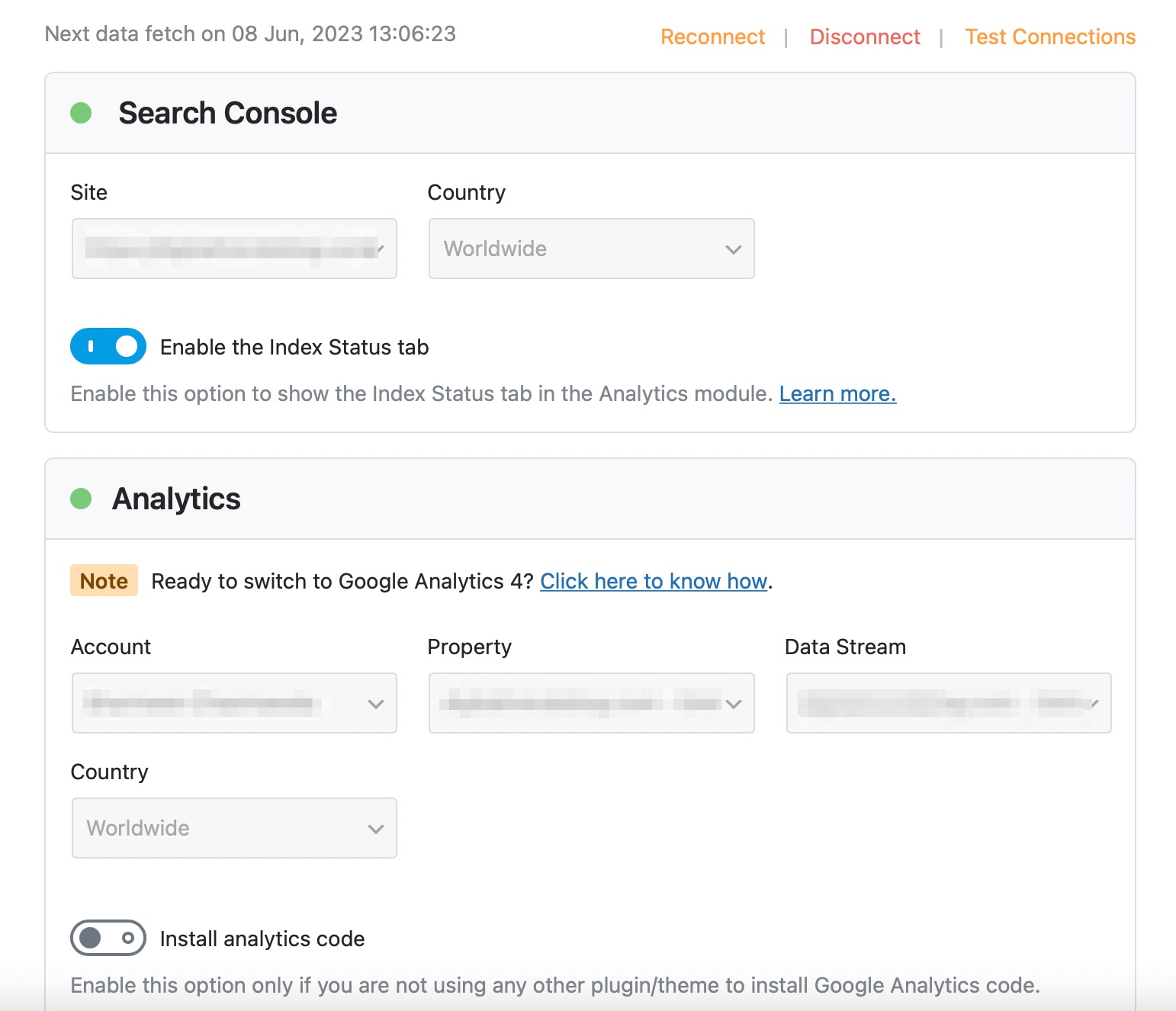 Search Console and Analytics configuration