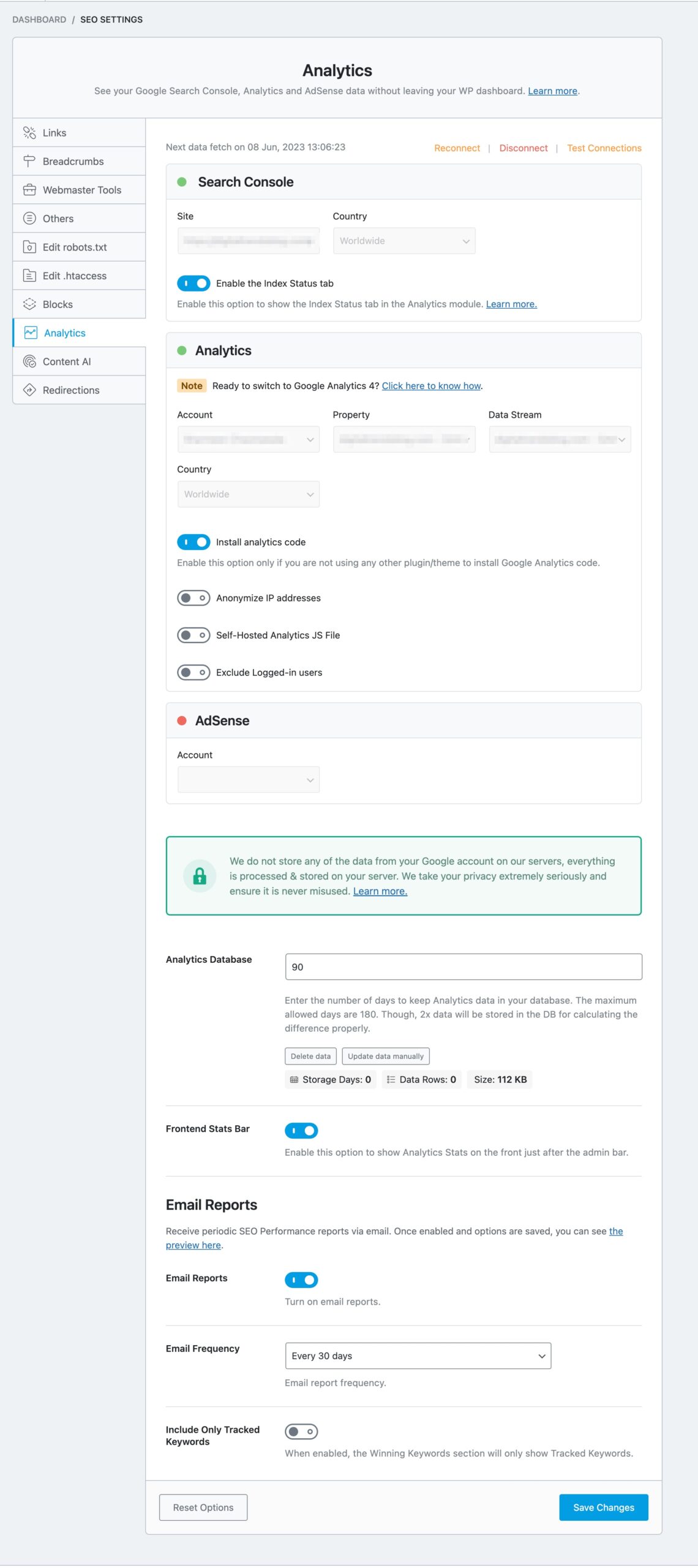 Rank Math Analytics settings