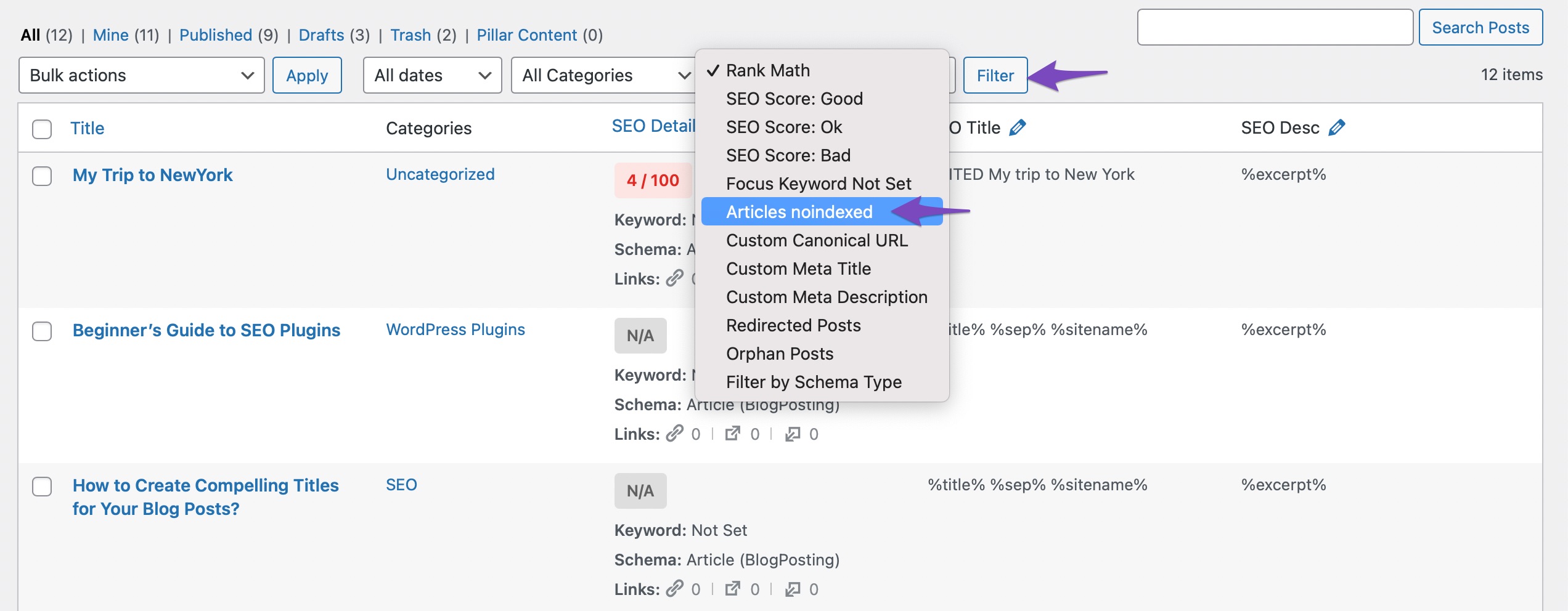 Filter by noindexed articles in Rank Math