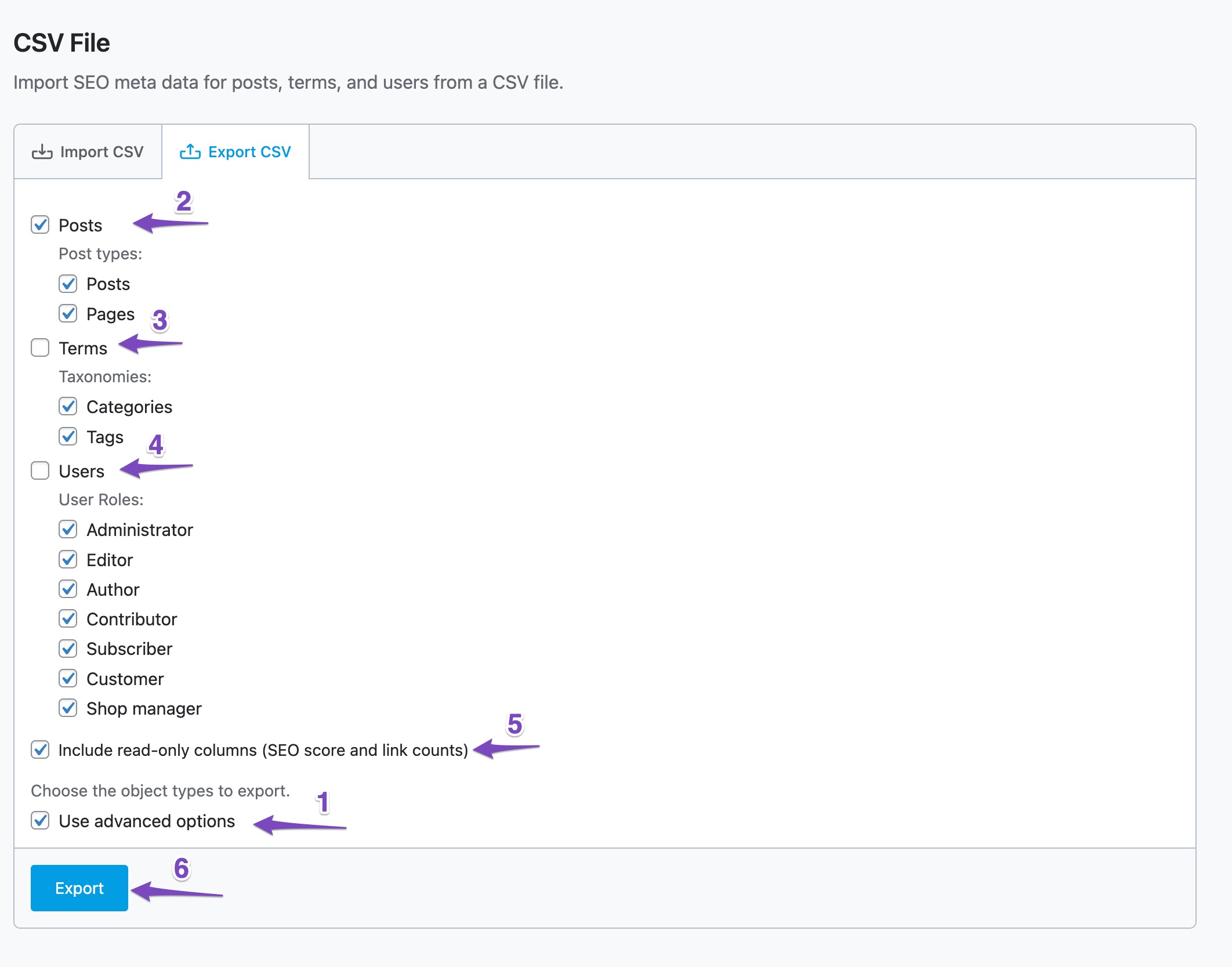 Export CSV advanced options