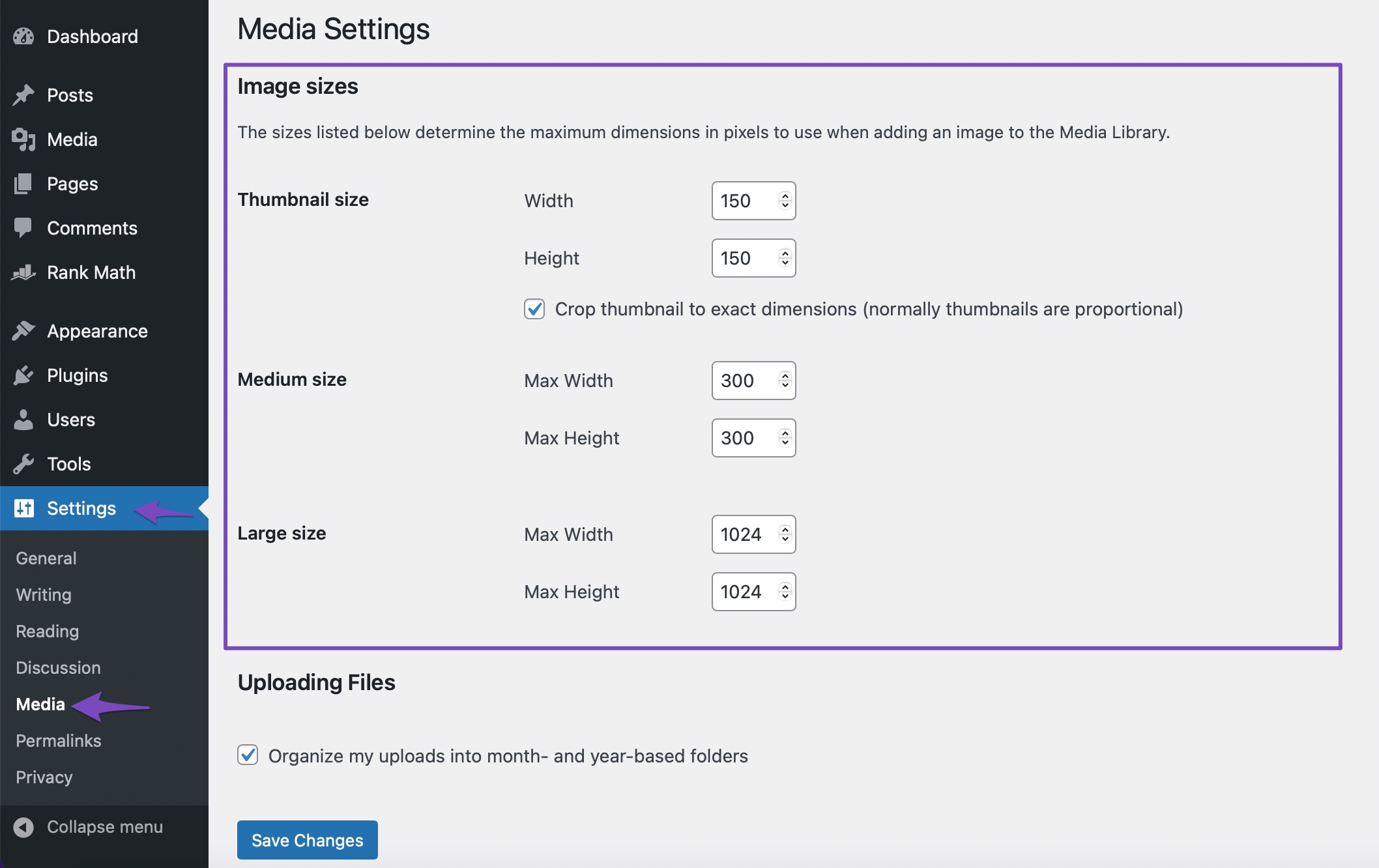 Image sizes in WordPress media settings