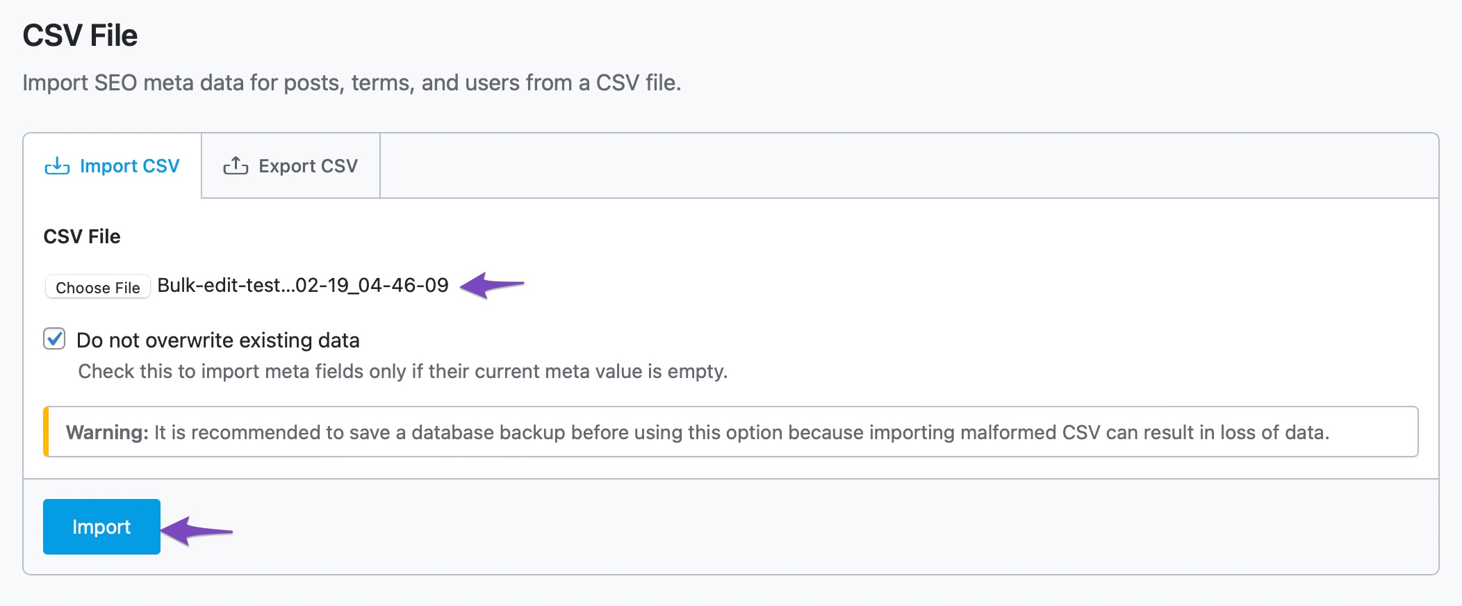 Import the CSV file