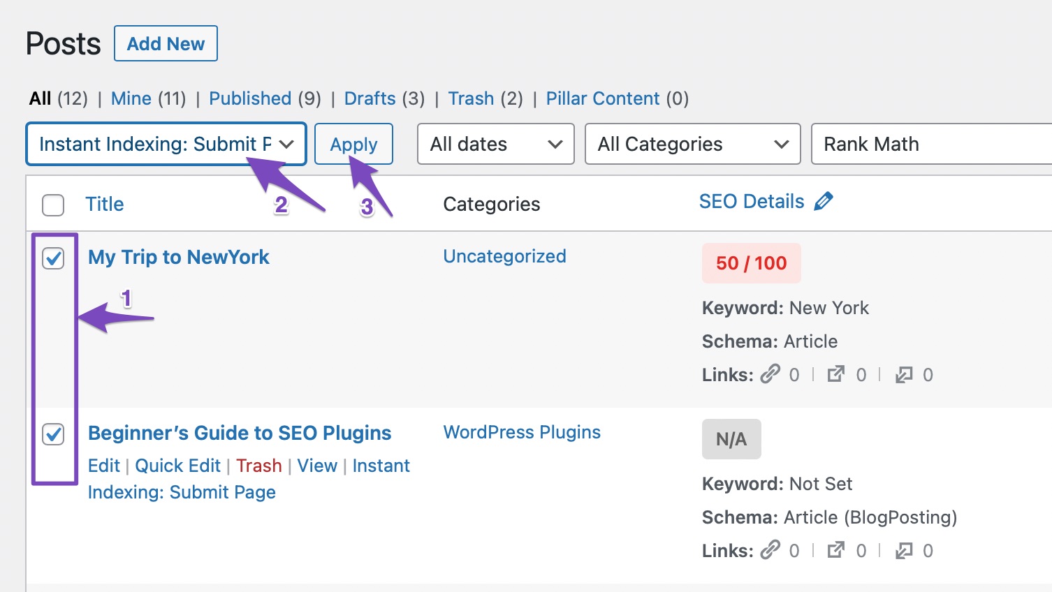 Instant Indexing bulk action