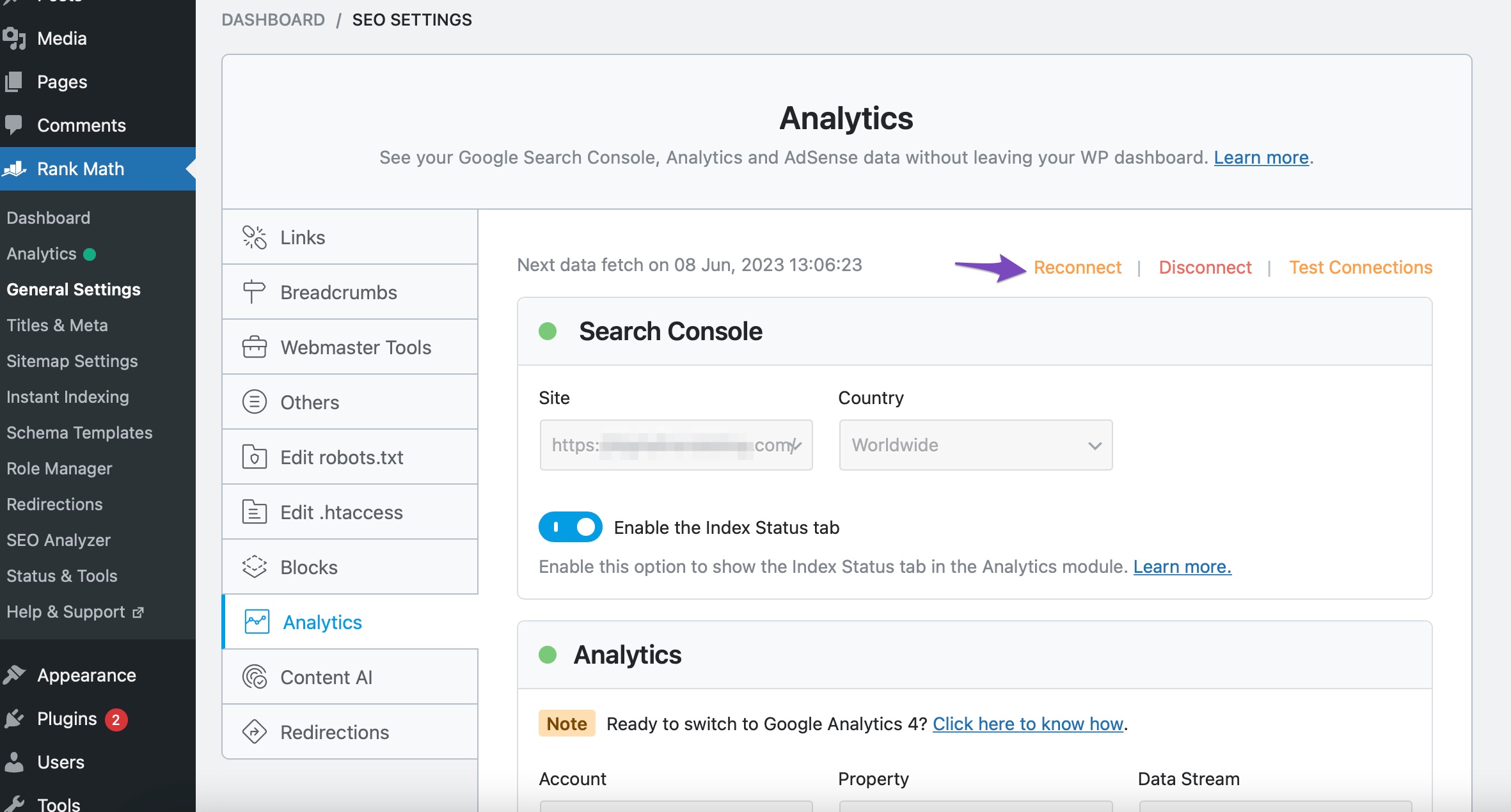 Reconnect Google Account service in Rank Math