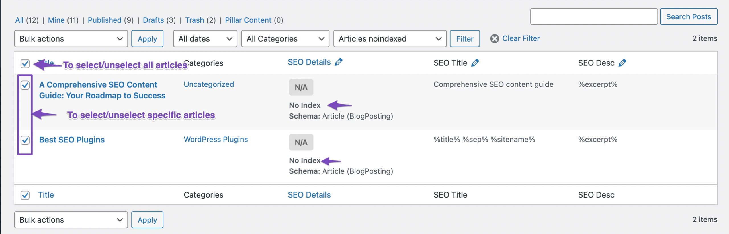 Selecting noindexed articles from the Posts screen