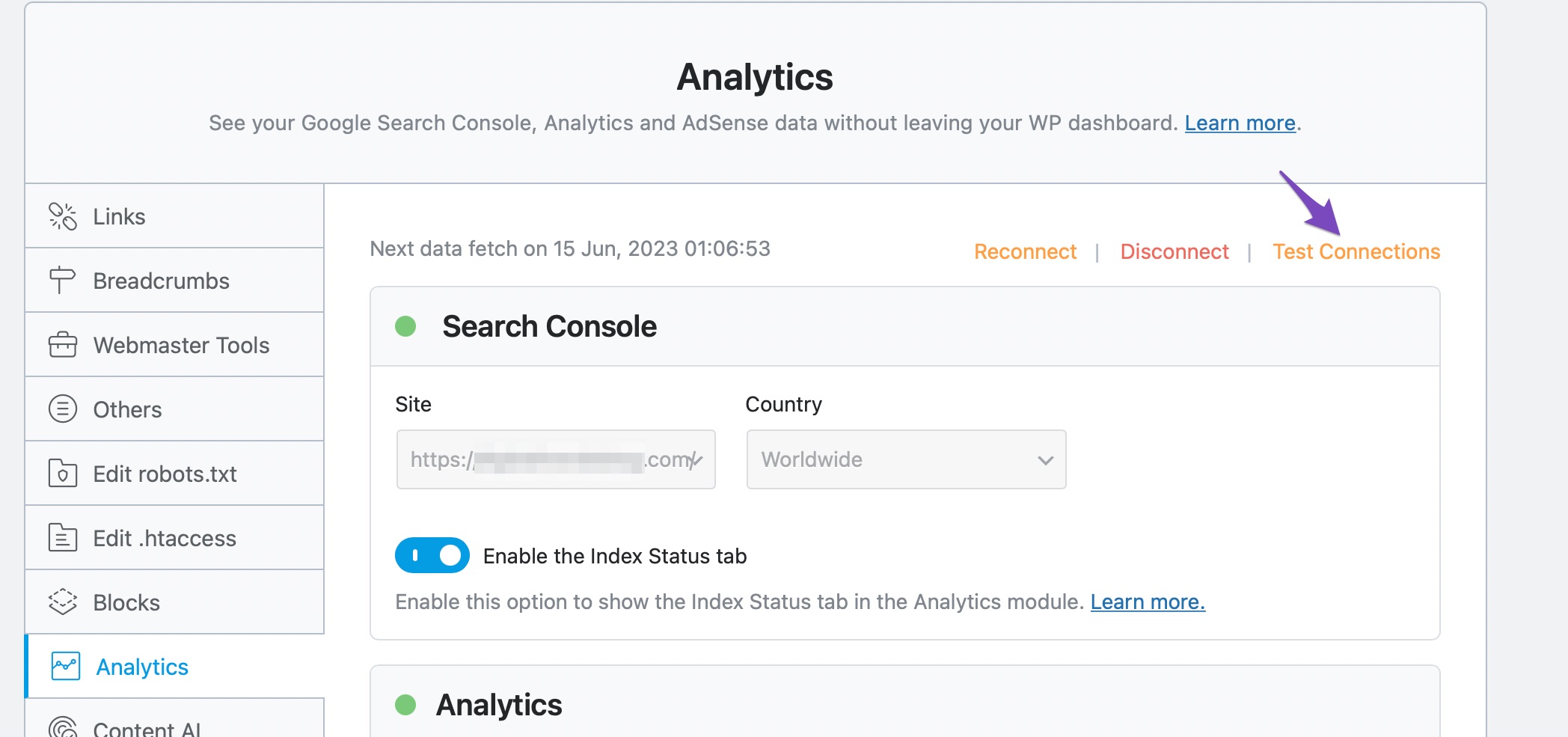 Test Connection option in Analytics