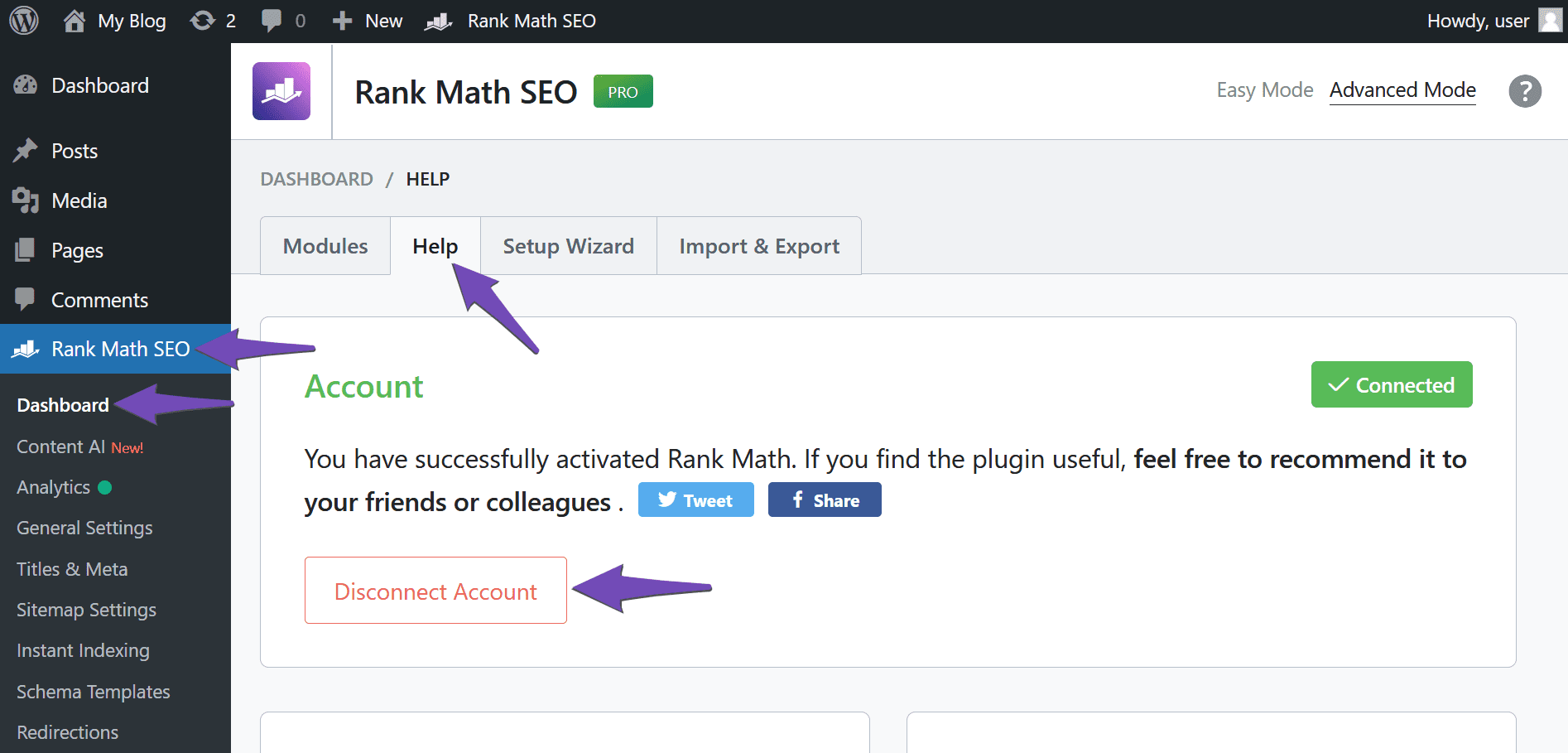Disconnect Rank Math account