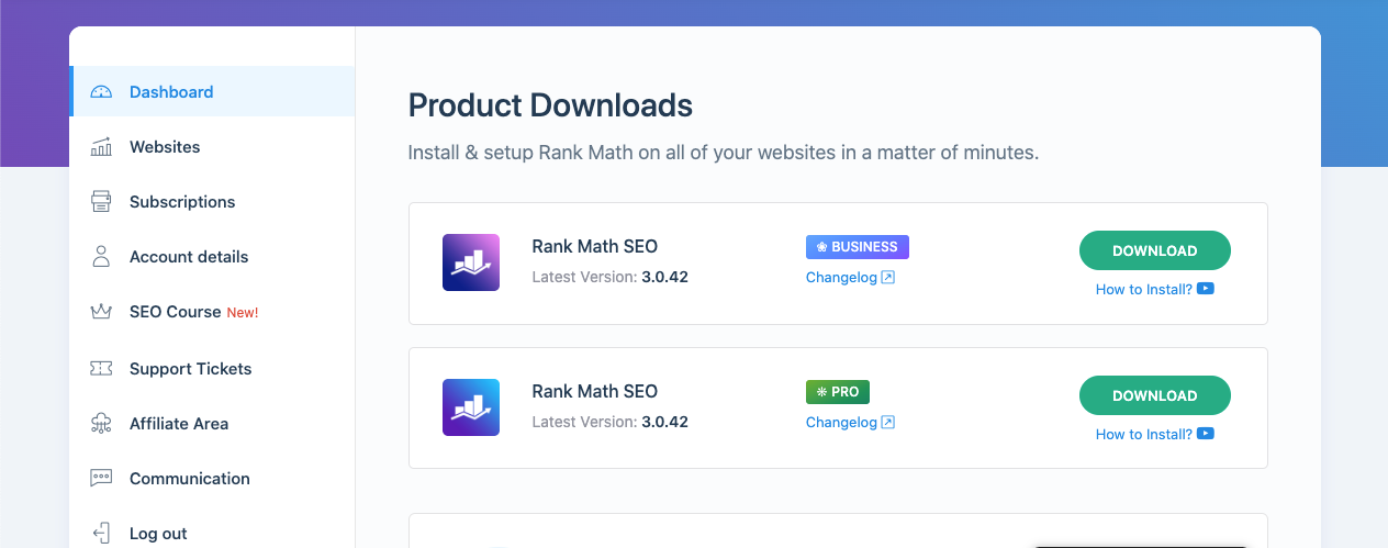 Rank Math My account page