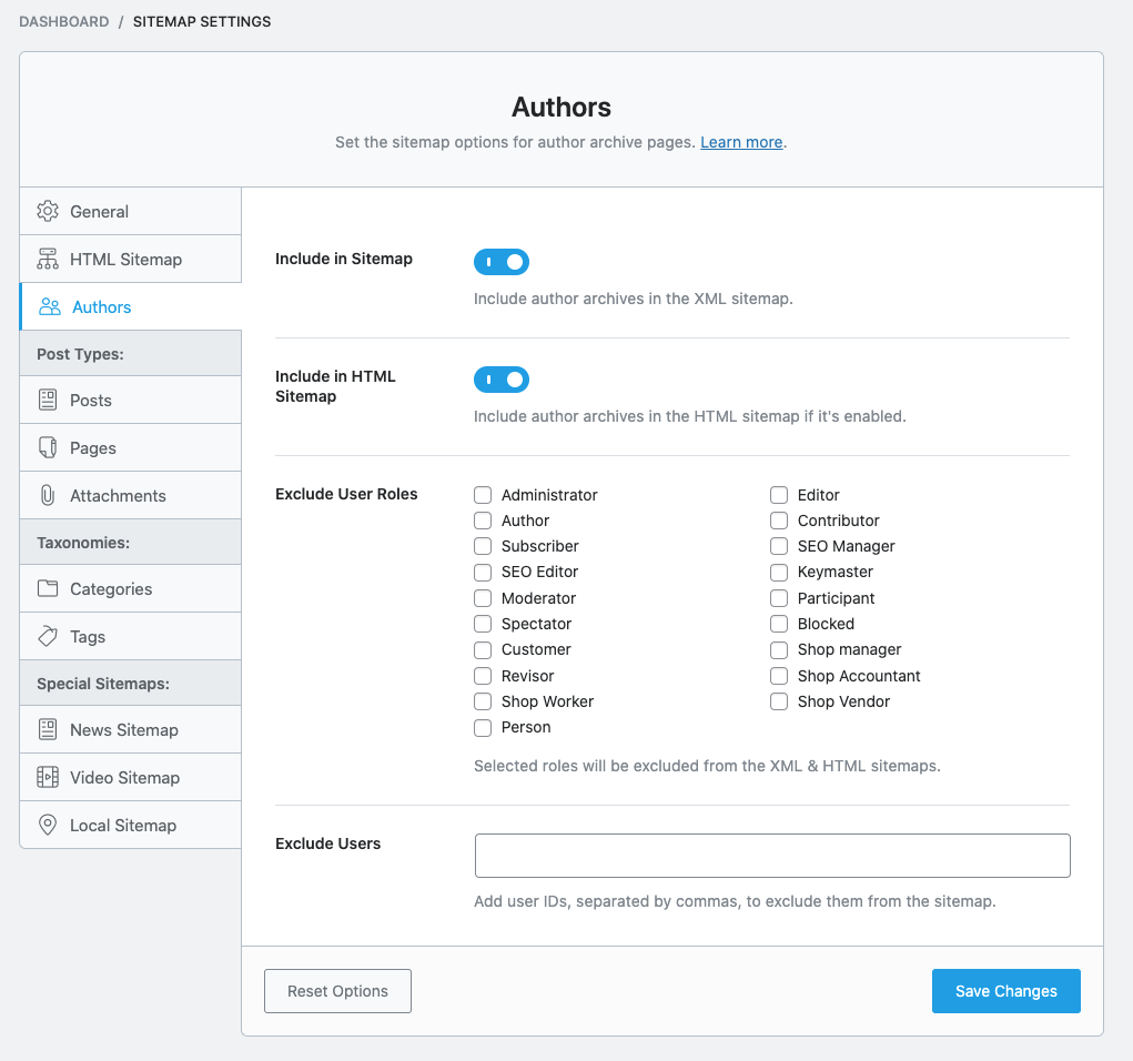 Sitemap settings - Authors