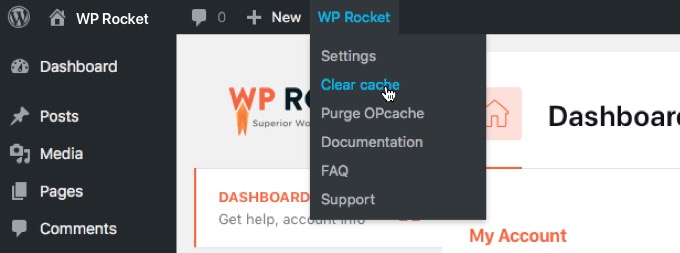 wp rocket clear cache option