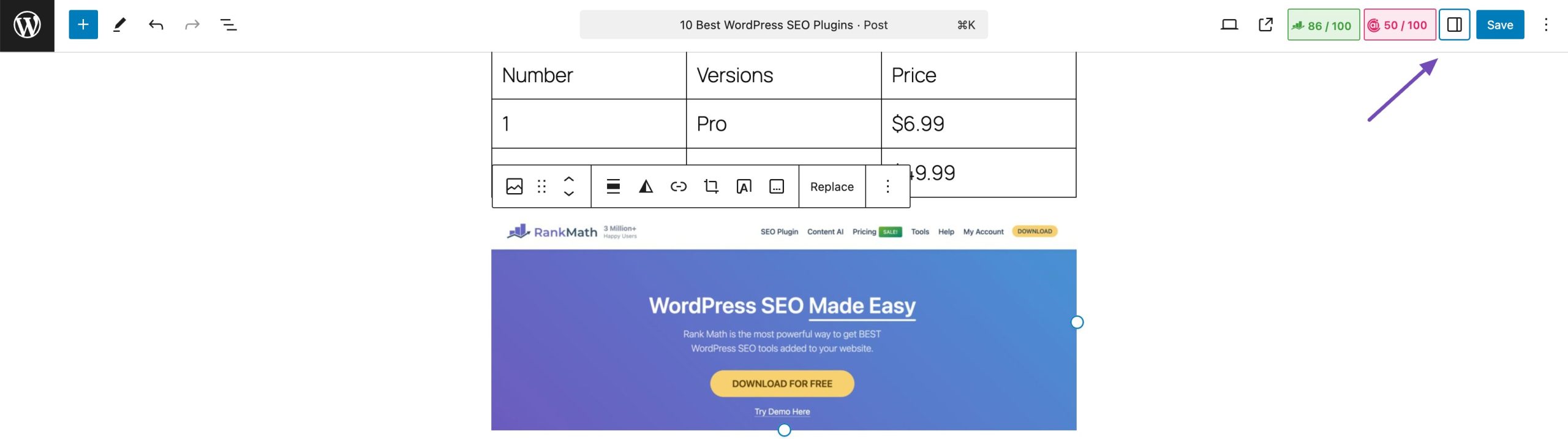 Expanding the Settings panel in WordPress