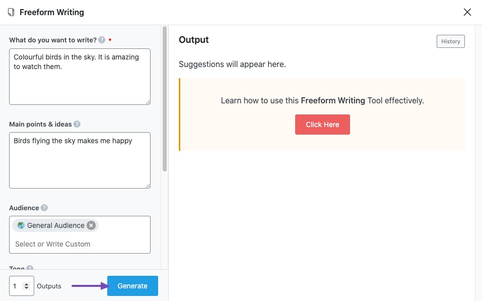 Click Generate output in Freeform writing AI tool