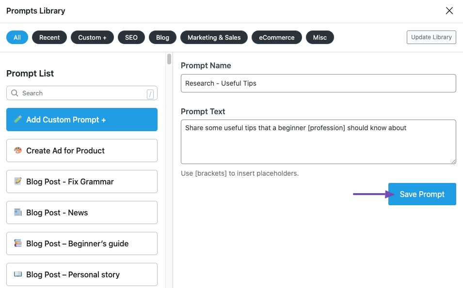 Custom Prompt in Prompt Library