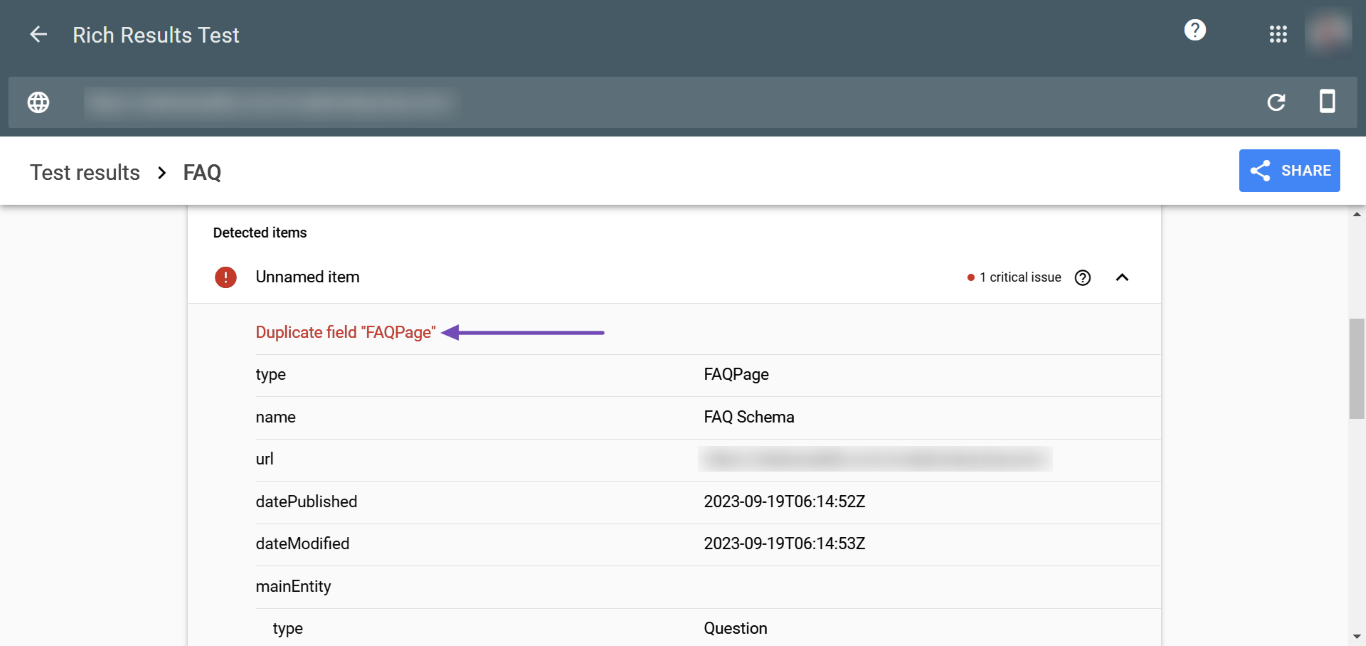 Duplicate Field “FAQPage” Error sample