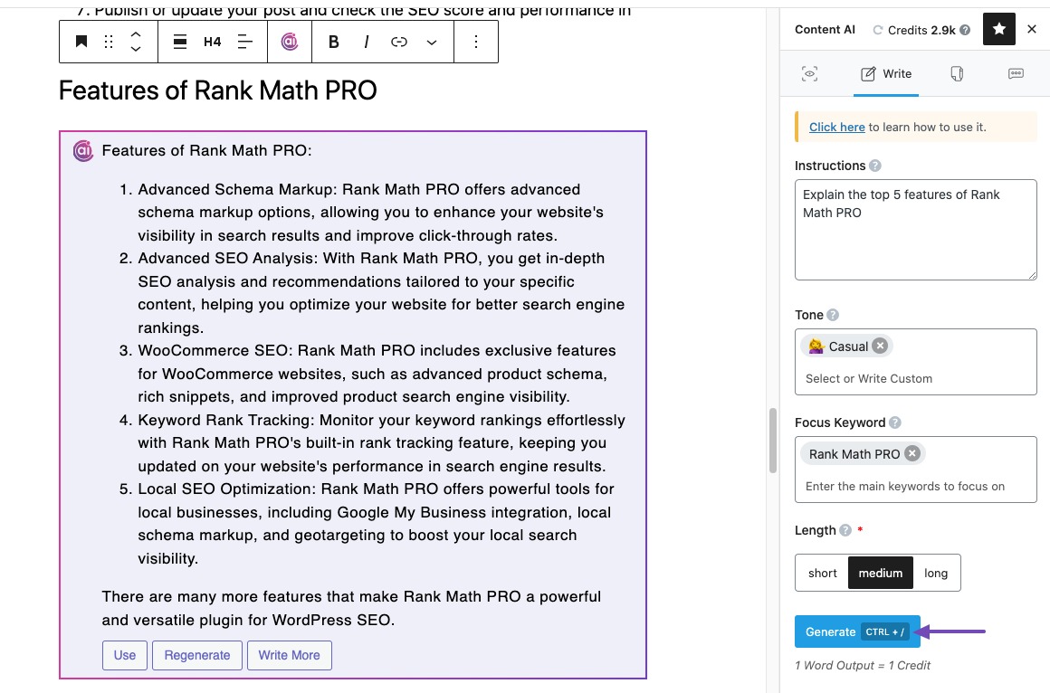 Generate output in Content AI write mode