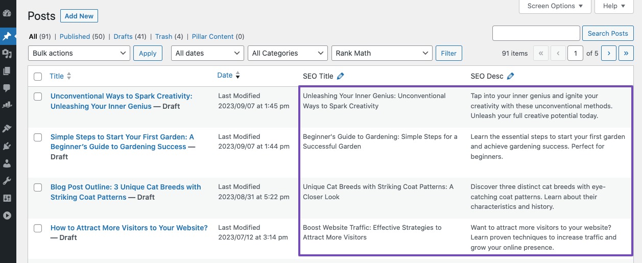 Generated SEO Titles and meta descriptions in bulk