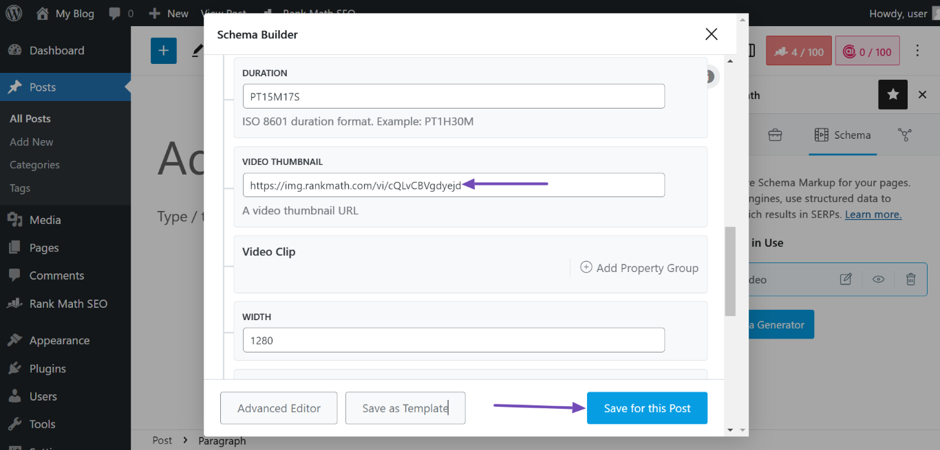 Paste your video thumbnail in the Schema