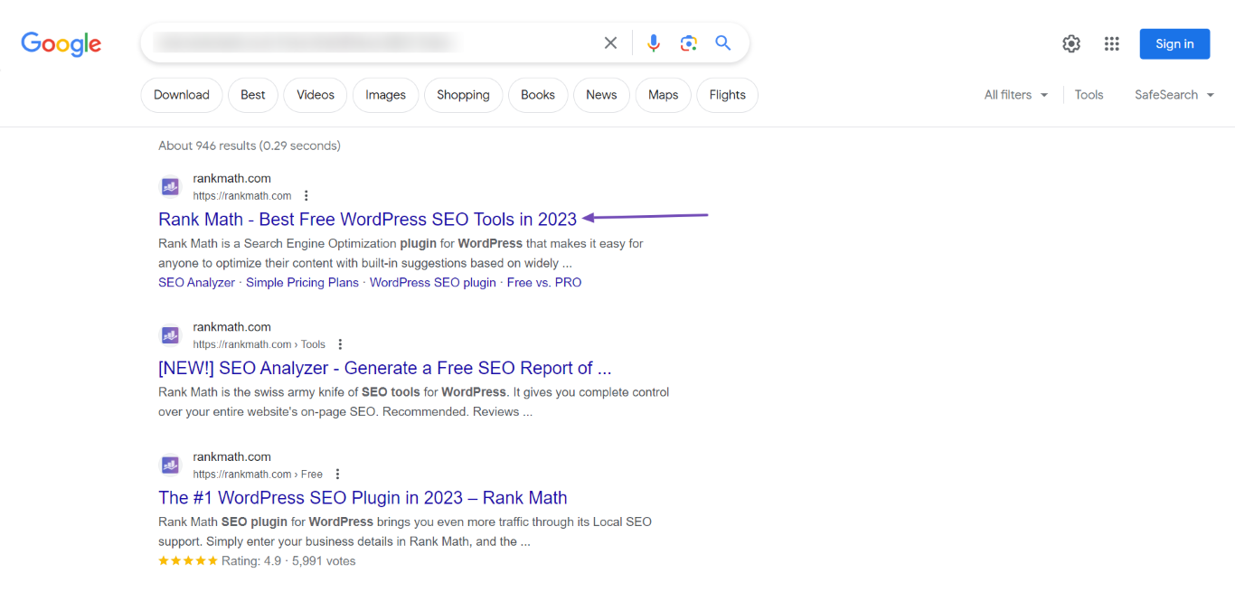 Sample of Google search result for a homepage