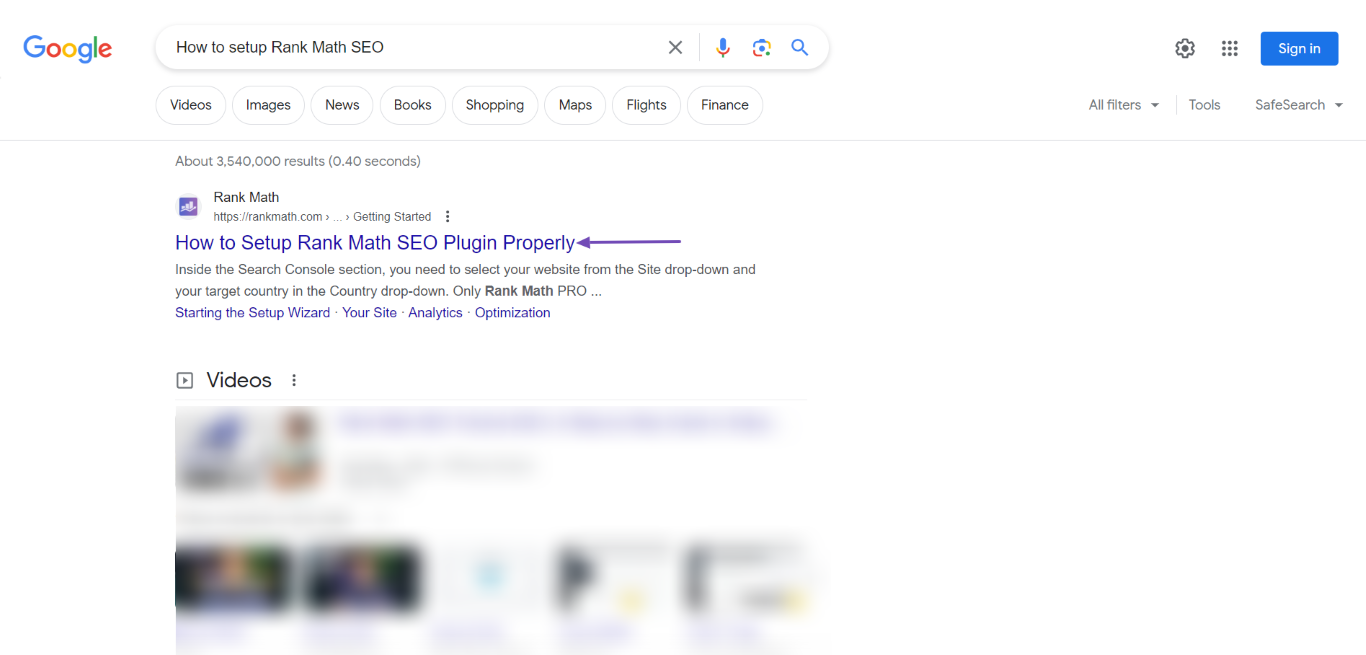 Sample of Google search result for a post