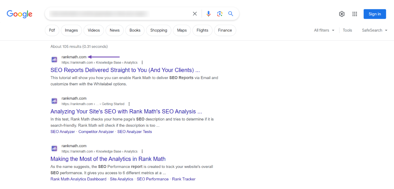 Sample of a Google search result with a homepage URL