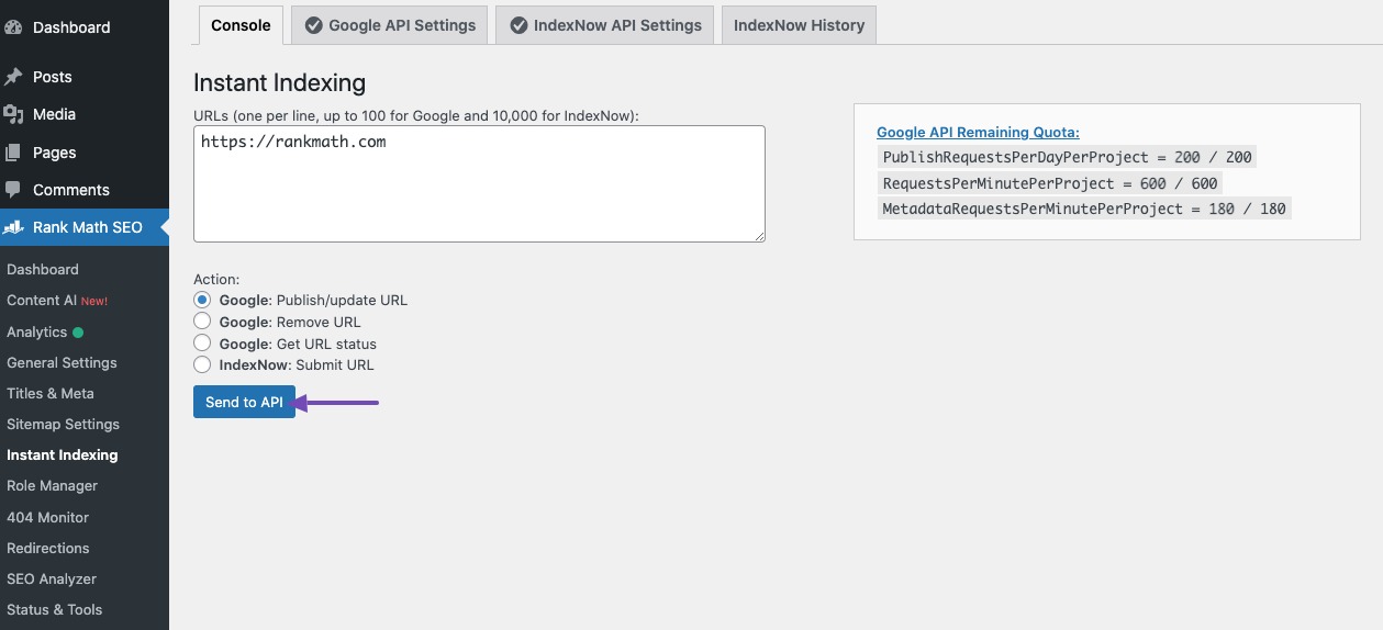 Send to API in Instant Indexing