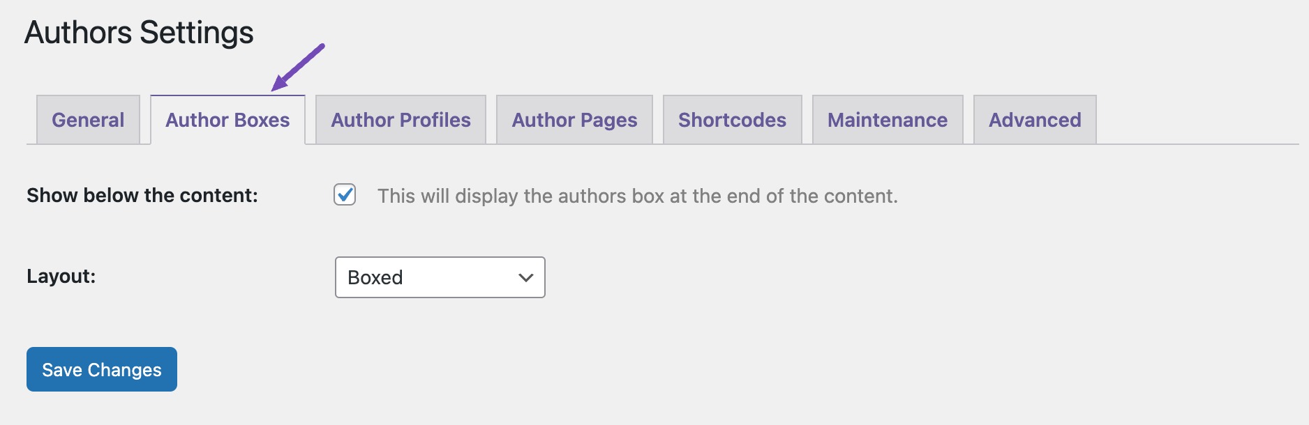 Author Boxes tab settings