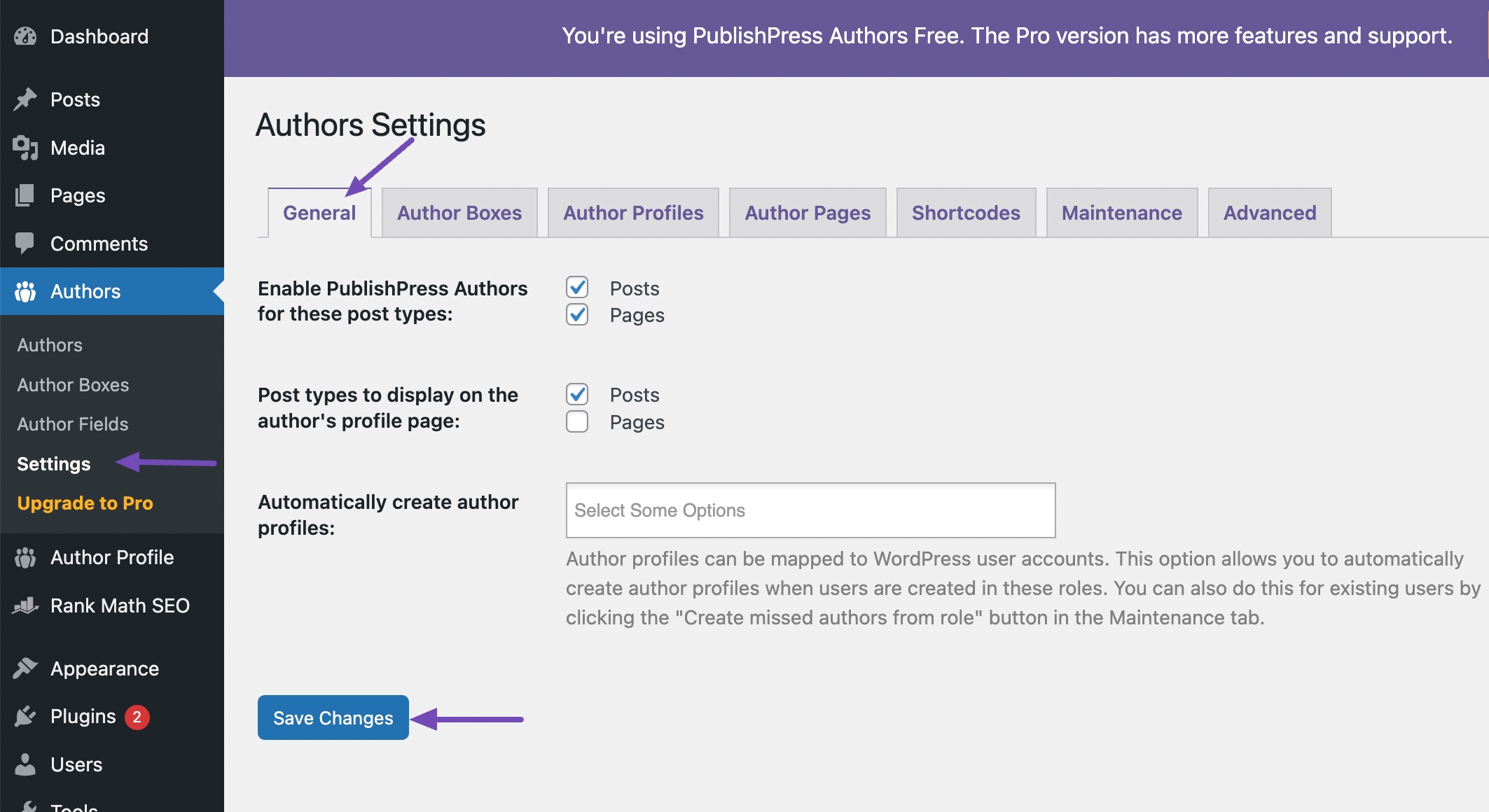 تنظیمات افزونه PublishPress Authors
