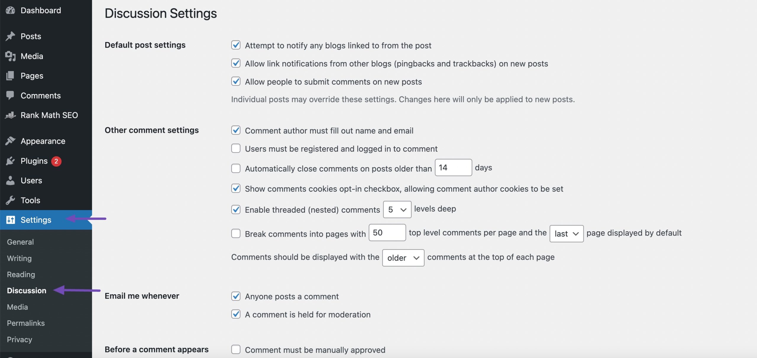 Avatar settings from the WordPress dashboard