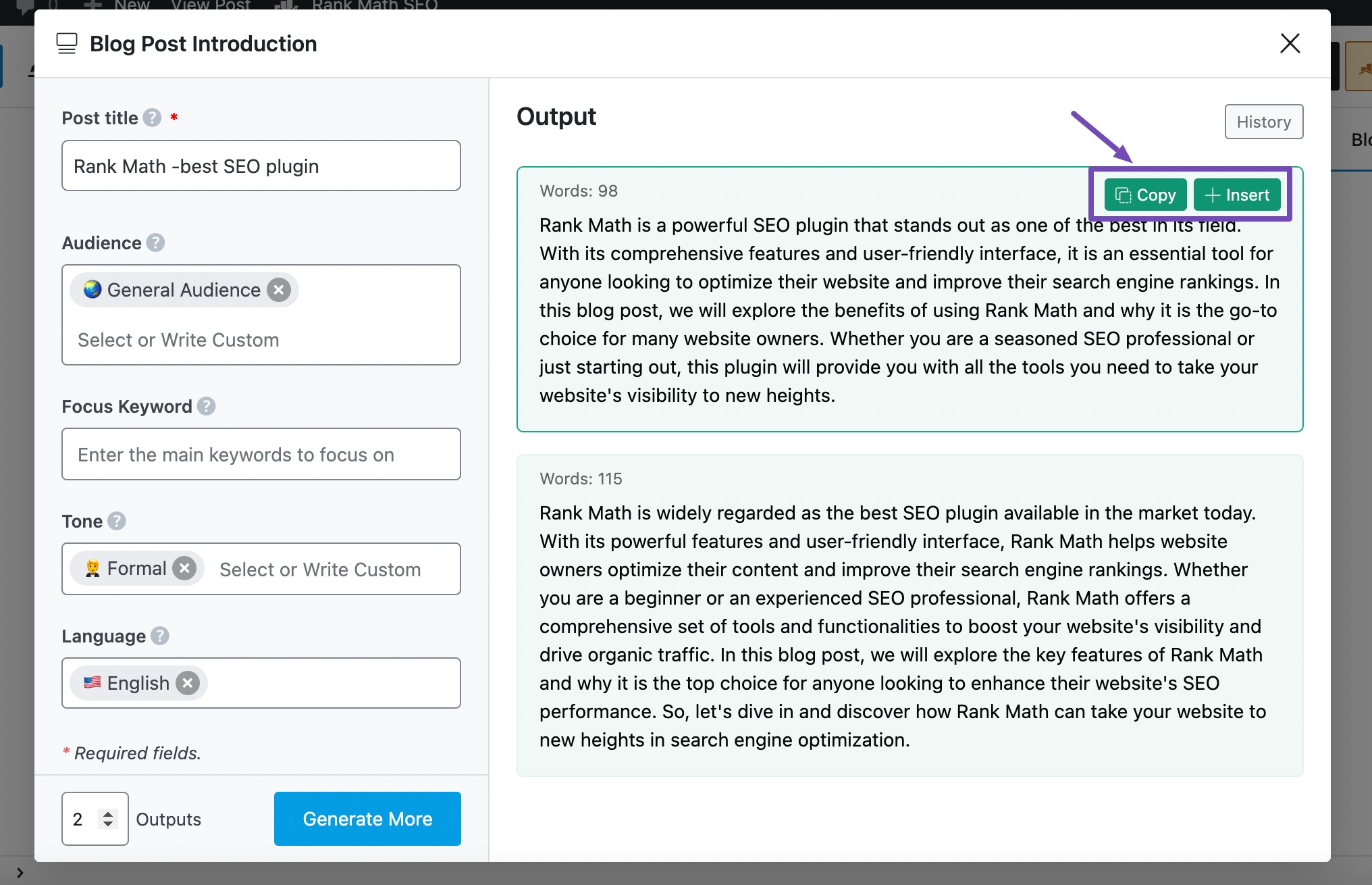 Copy and Insert options in output