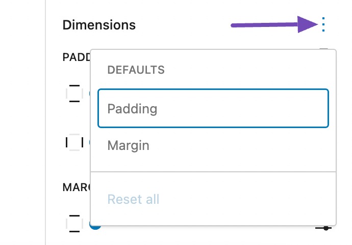 Dimension settings