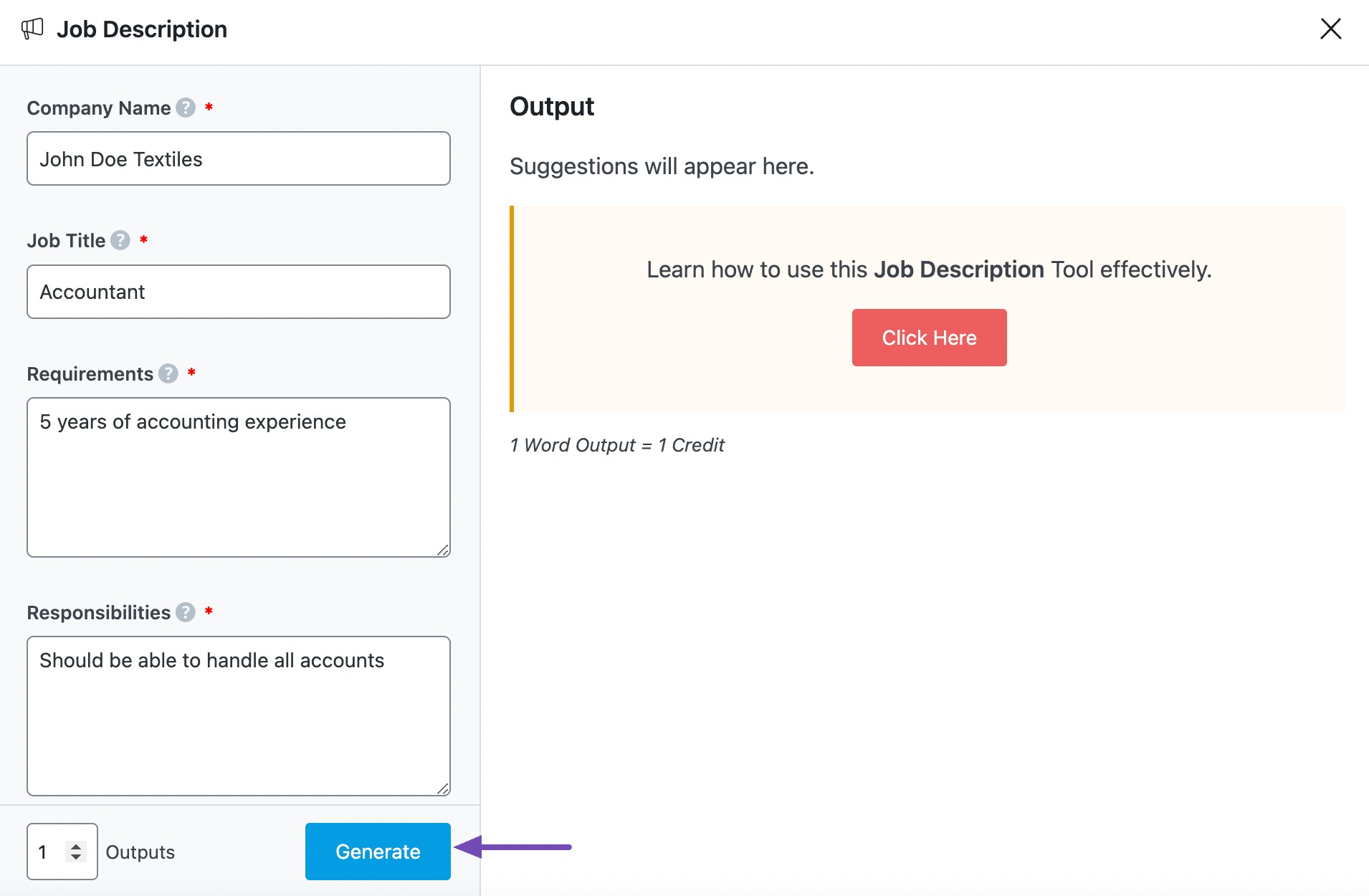 Click Generate on Job Description AI tool