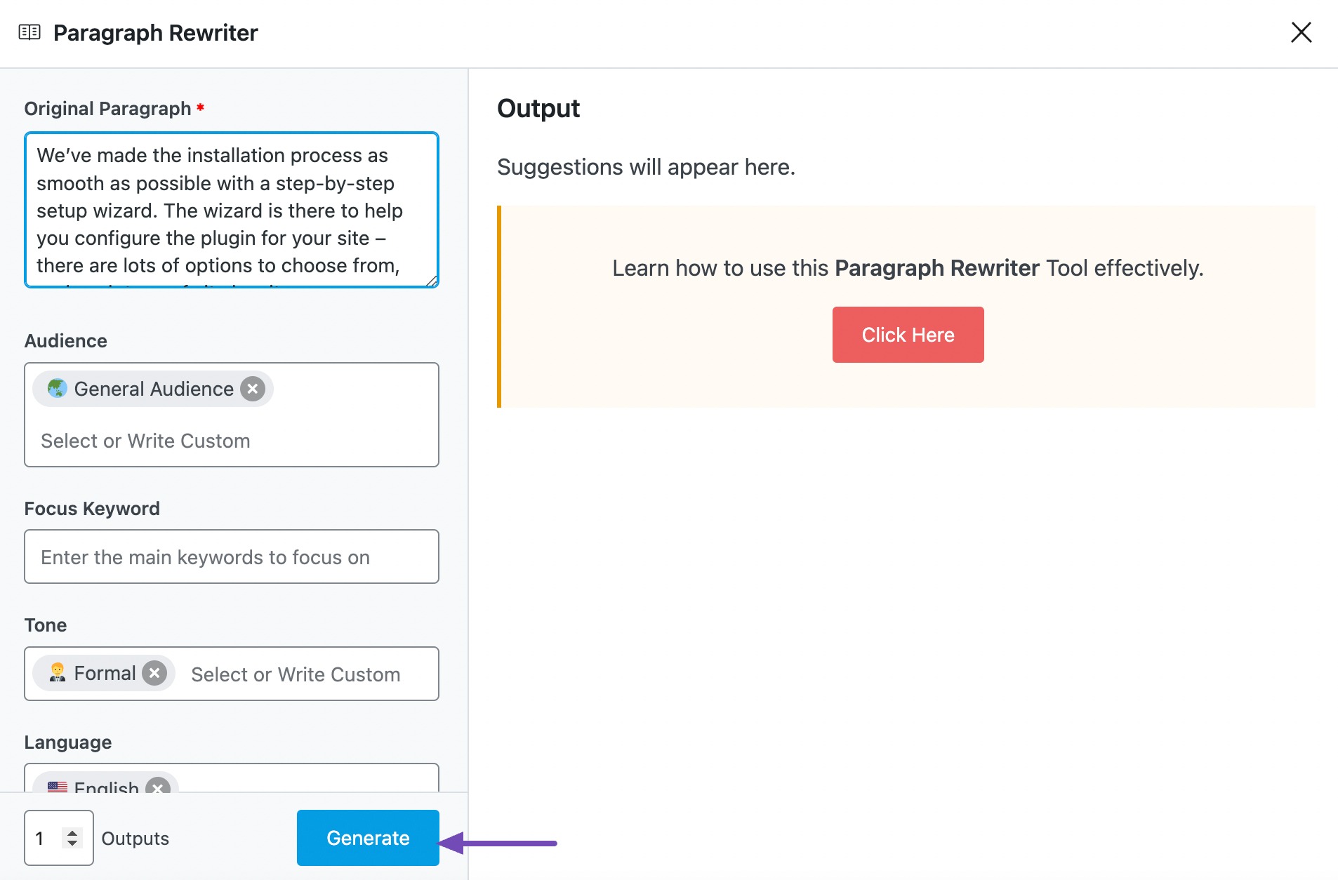 Click generate output in paragraph rewriter