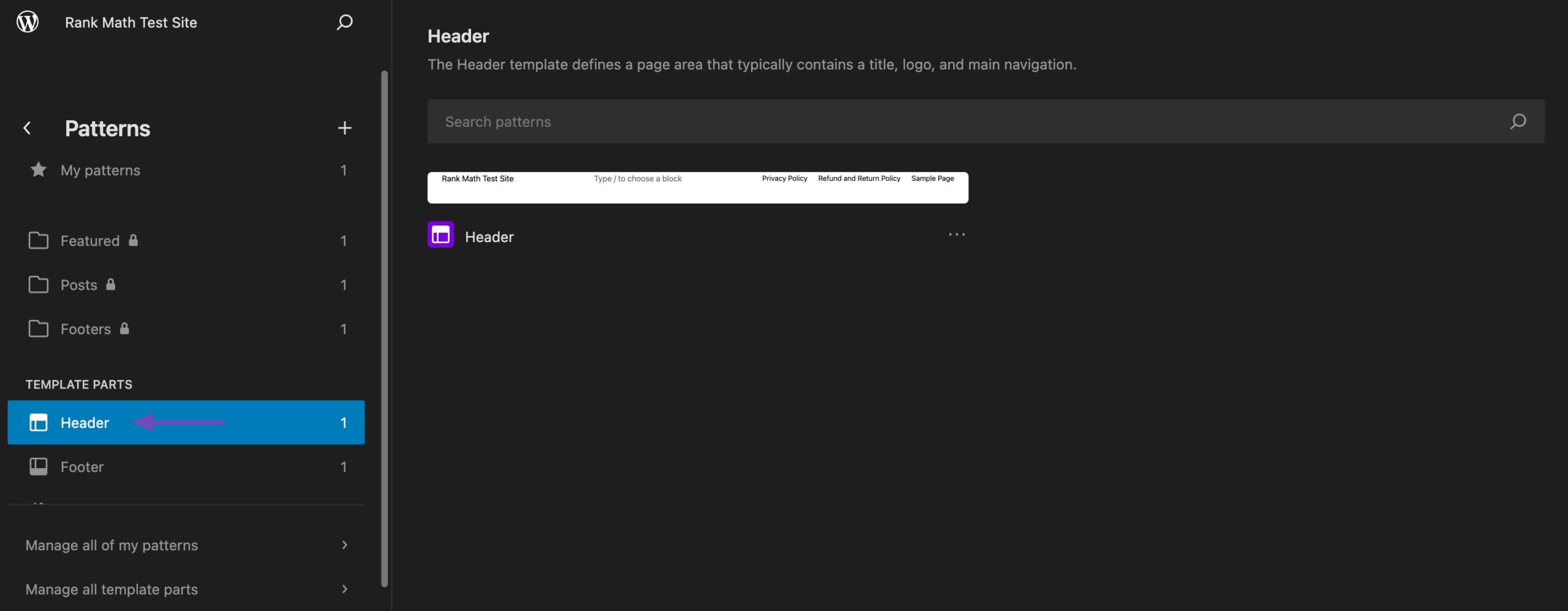 click Template parts and Header section