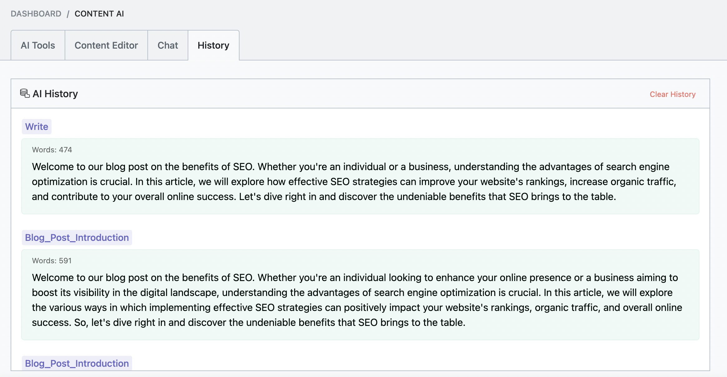 Content AI Outputs History