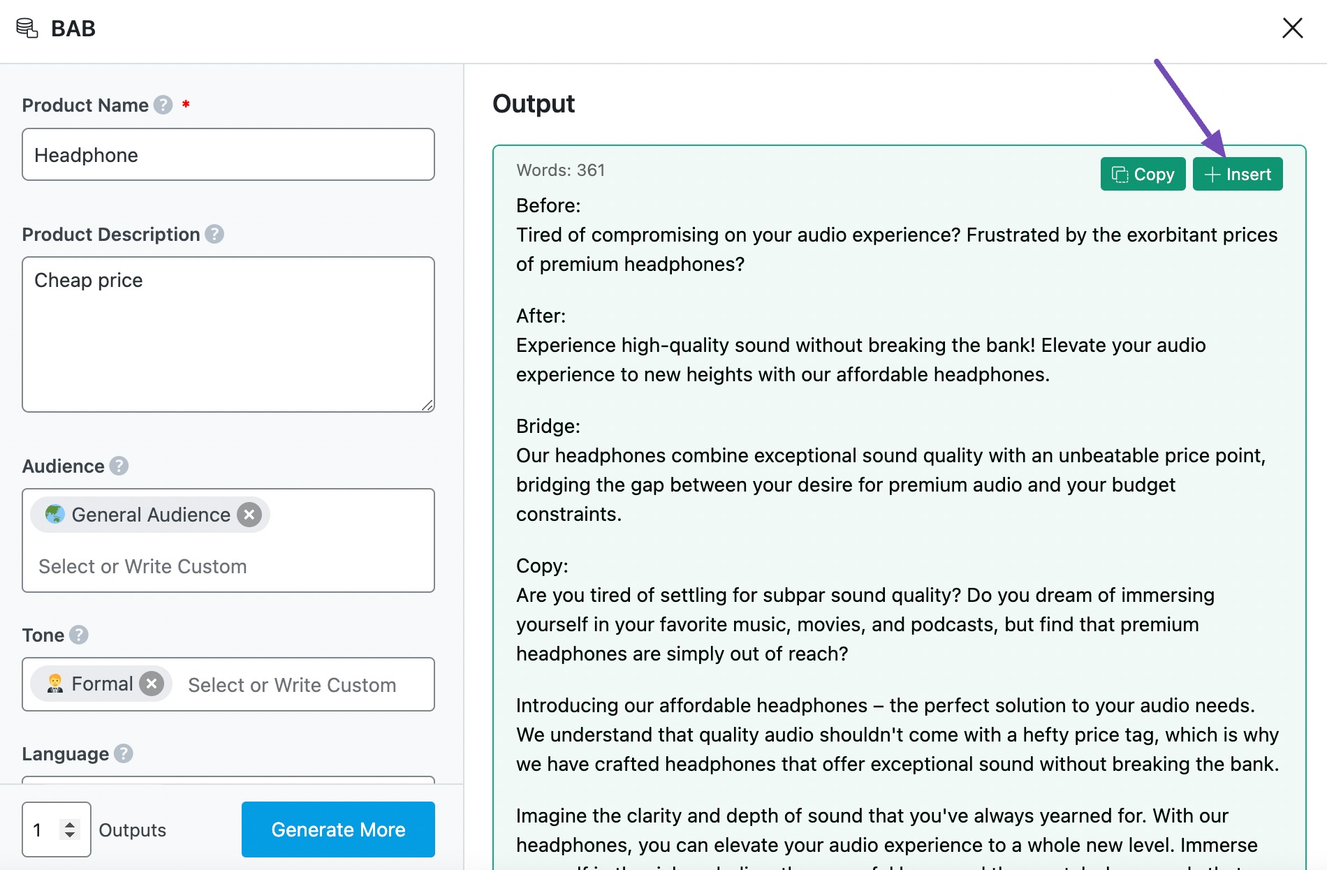 Click Insert to insert the BAB product description into the Content Editor