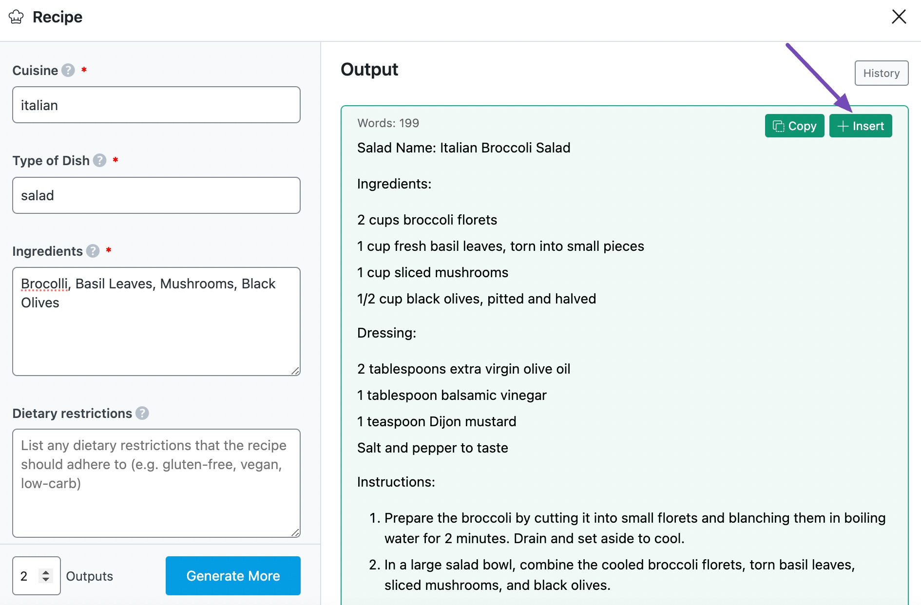 Click Insert to insert the recipe in the Content Editor