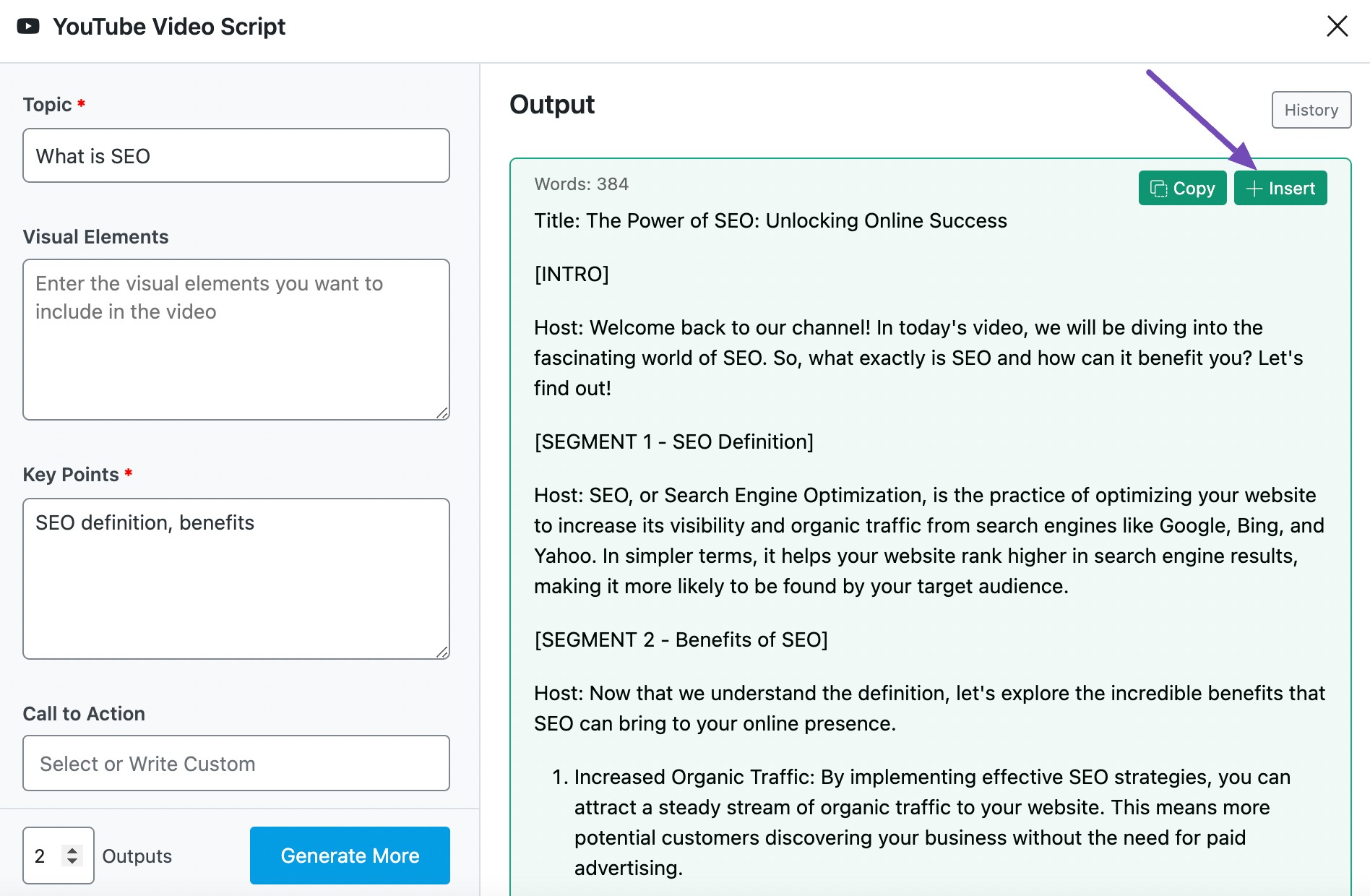 Click Insert to insert the script in Content Editor