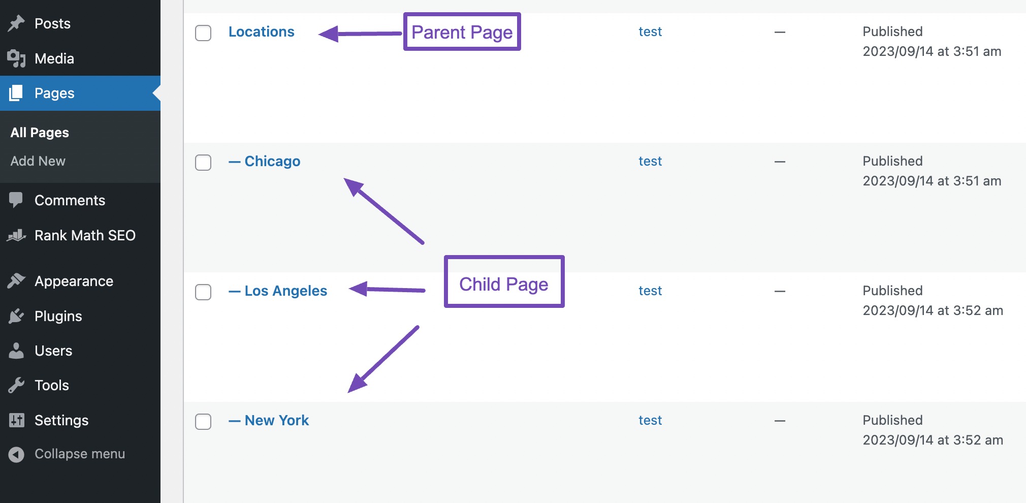 Example of parent and child pages in WordPress