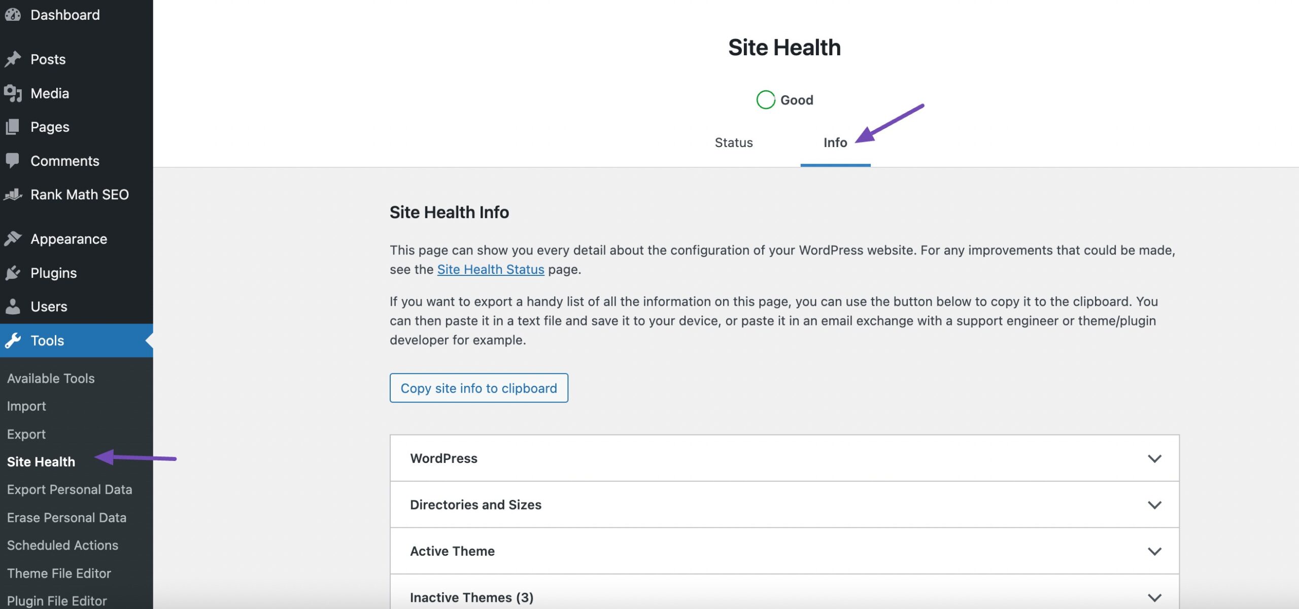 Site Health page