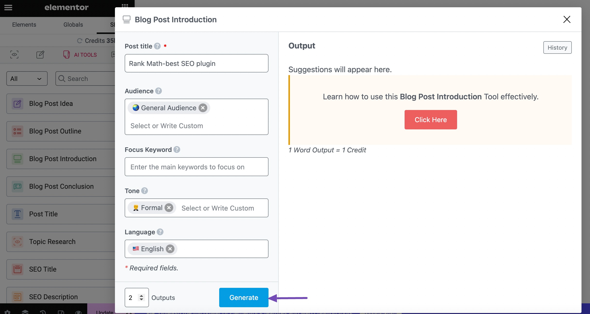 Example of AI tool in elementor