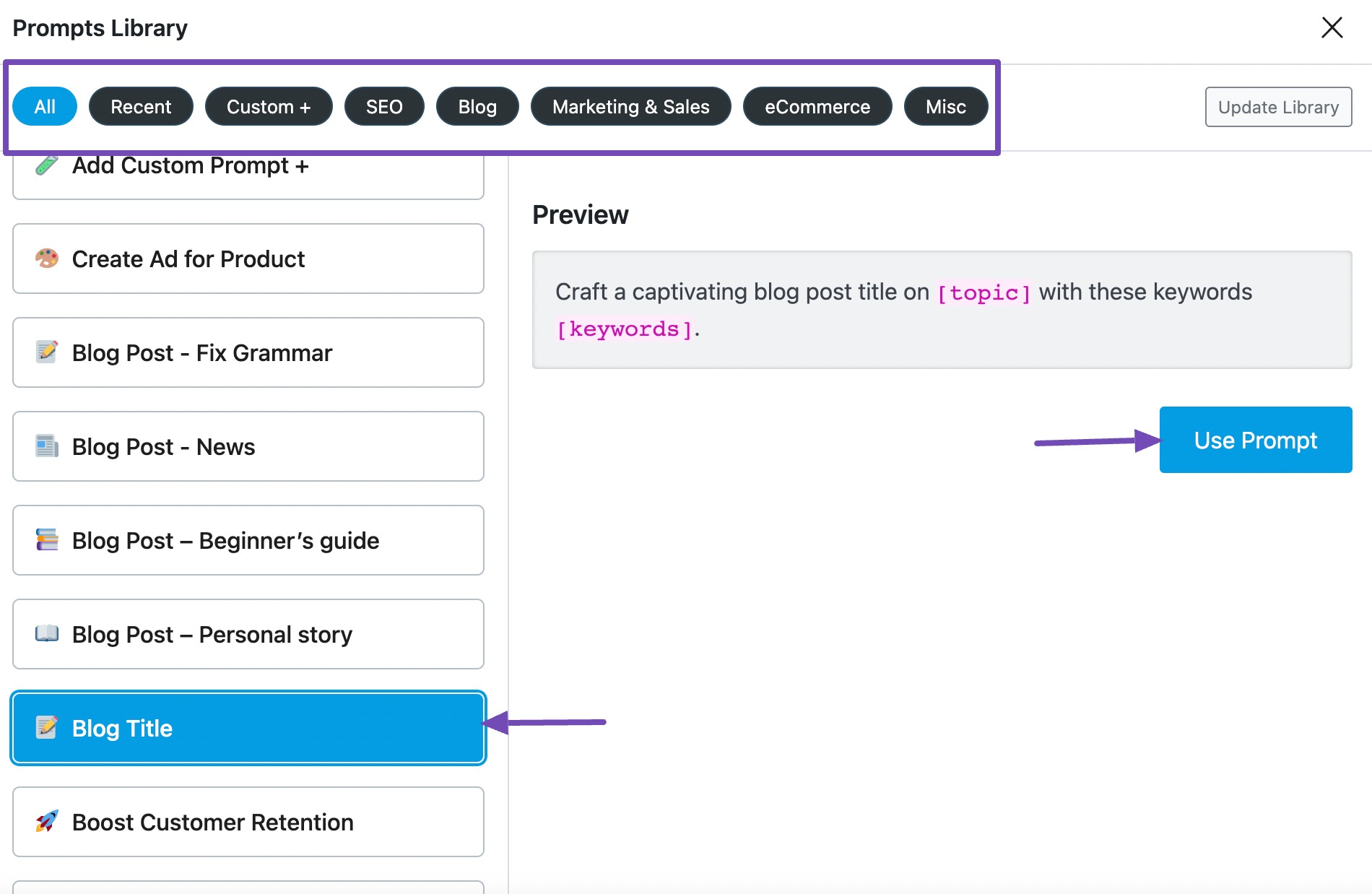 Use a prompt from Prompts Library