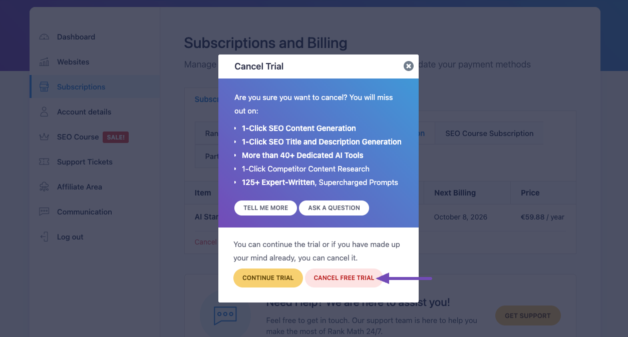 Click Cancel Free Trial to cancel your Rank Math AI free trial